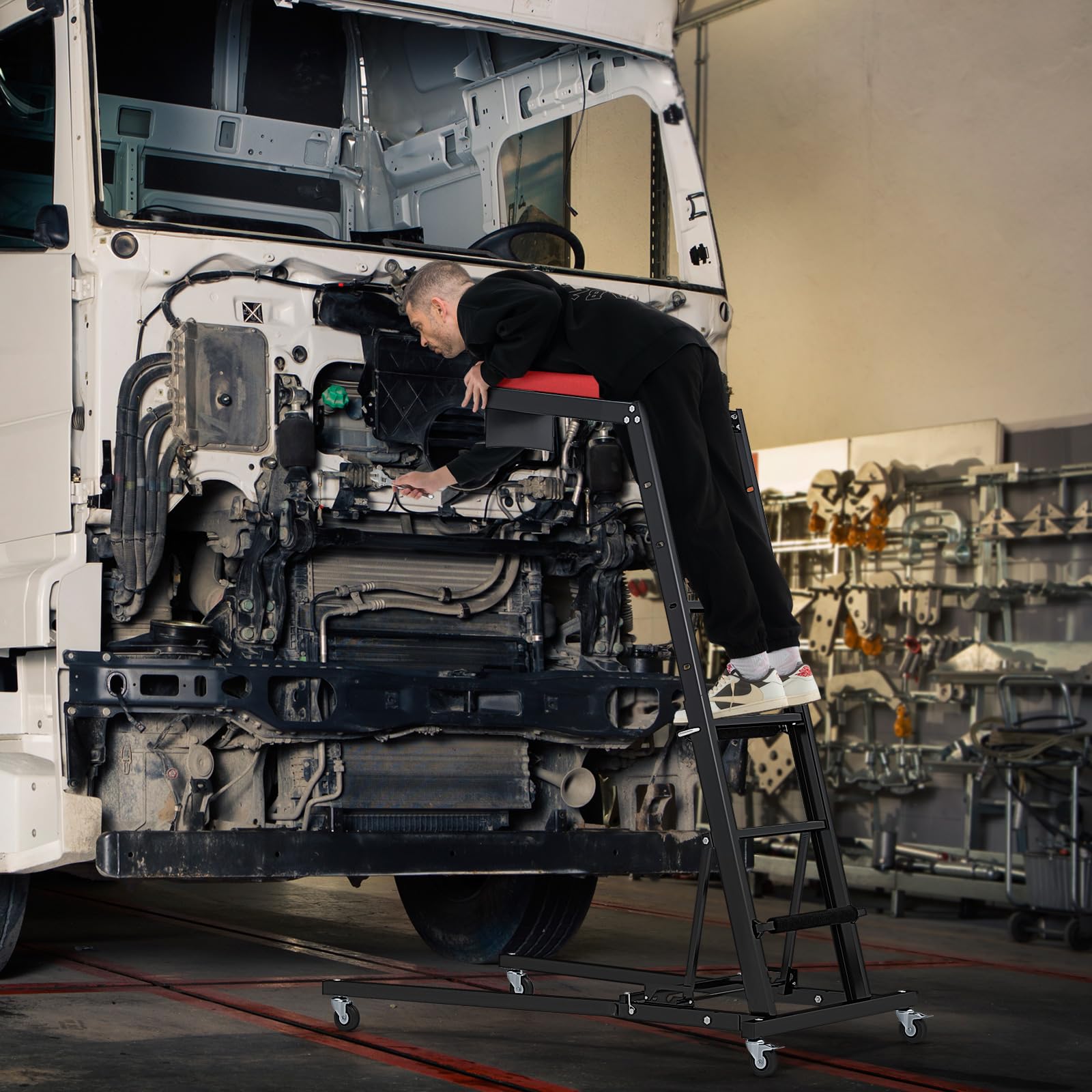 GYMAX Plataforma elevadora plegable, Automotive Topside Creeper de hasta 180 kg, con altura ajustable y 4 ruedas giratorias, Creeper para reparación y mantenimiento, para taller y hogar