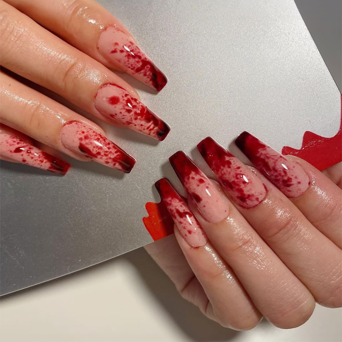 Halloween Press on Nails Long Coffin Fake Nails Bloody With