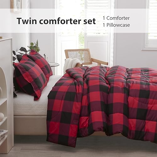 Miniatura 8 de LUCKYBULL Juego de edredón tamaño matrimonial de 3 piezas, juego de ropa de cama esponjoso a cuadros rojos, edredón alternativo a cuadros de búfalo