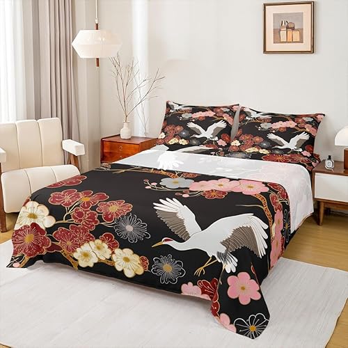 Erosebridal Juego de sábanas japonesas Ukiyoe de flor de cerezo, tamaño Queen, diseño de pájaro de grulla blanca, sábana bajera ajustable con