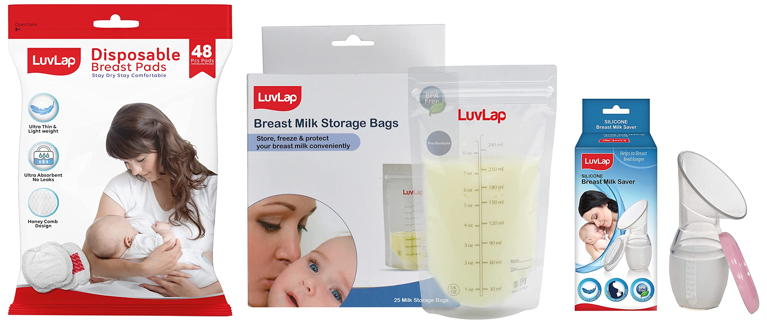 LuvLap Baby Breast Milk Storage Bags (Pack of 25) Disposable Milk Freezer Bags & Ultra Thin Honeycomb Nursing Breast Pads, 48pcs & Silicone Food Grade Breast Milk Catcher/Saver(White, 100ml)-picture-19