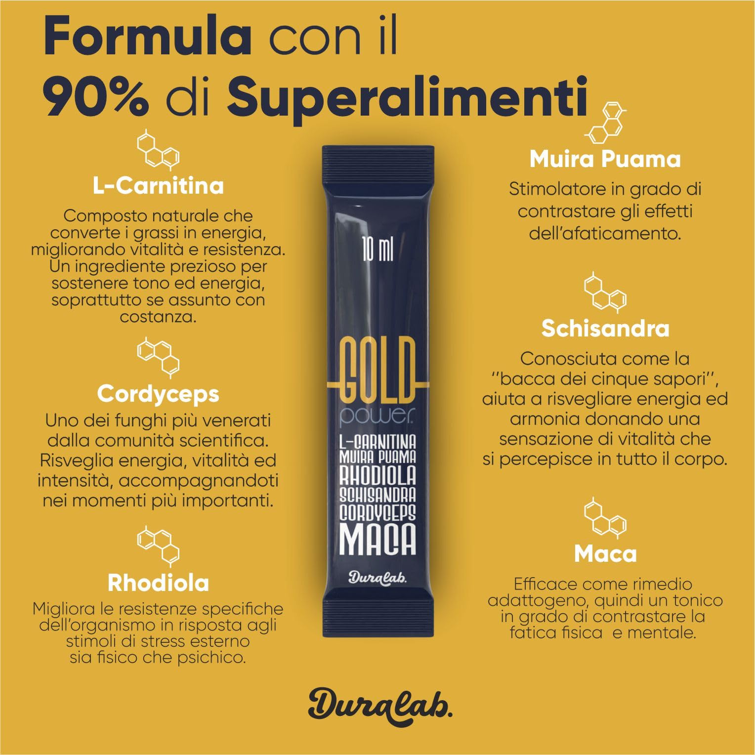 GOLD POWER Integratore Uomo con Maca 200 ml, Muira Puama, Cordyceps, Rhodiola, Schisandra, L-Carnitina Made in Italy – Supporto Energia, Vitalità e Tono Fisico (1 Pezzo)