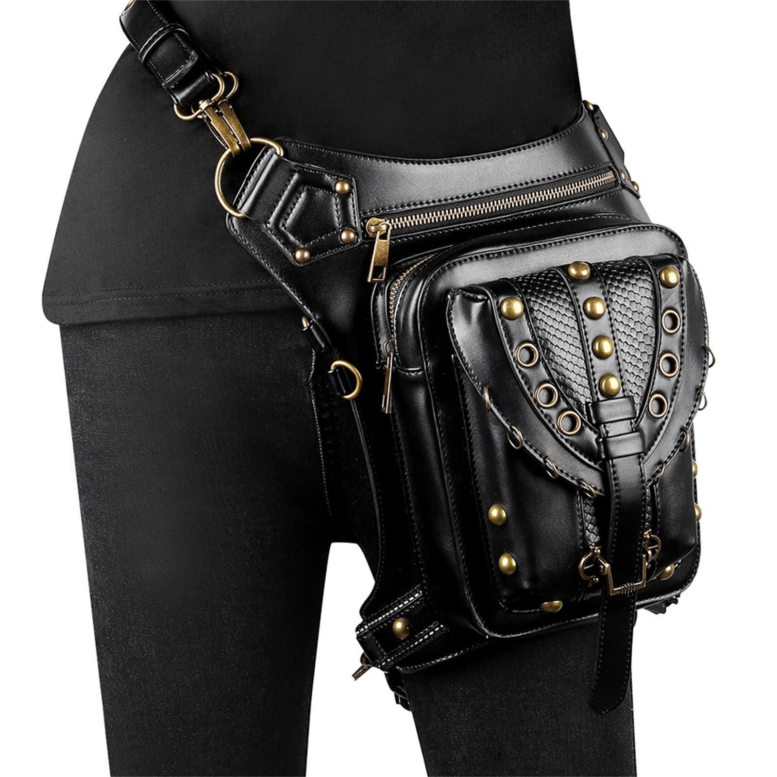 Punk nerka na talię, steampunk, vintage, torba motocyklowa, damska na jedno ramię, torba listonoszka na talię, torba na udo, motocyklowa torba na nogę, Czarny4, Free size