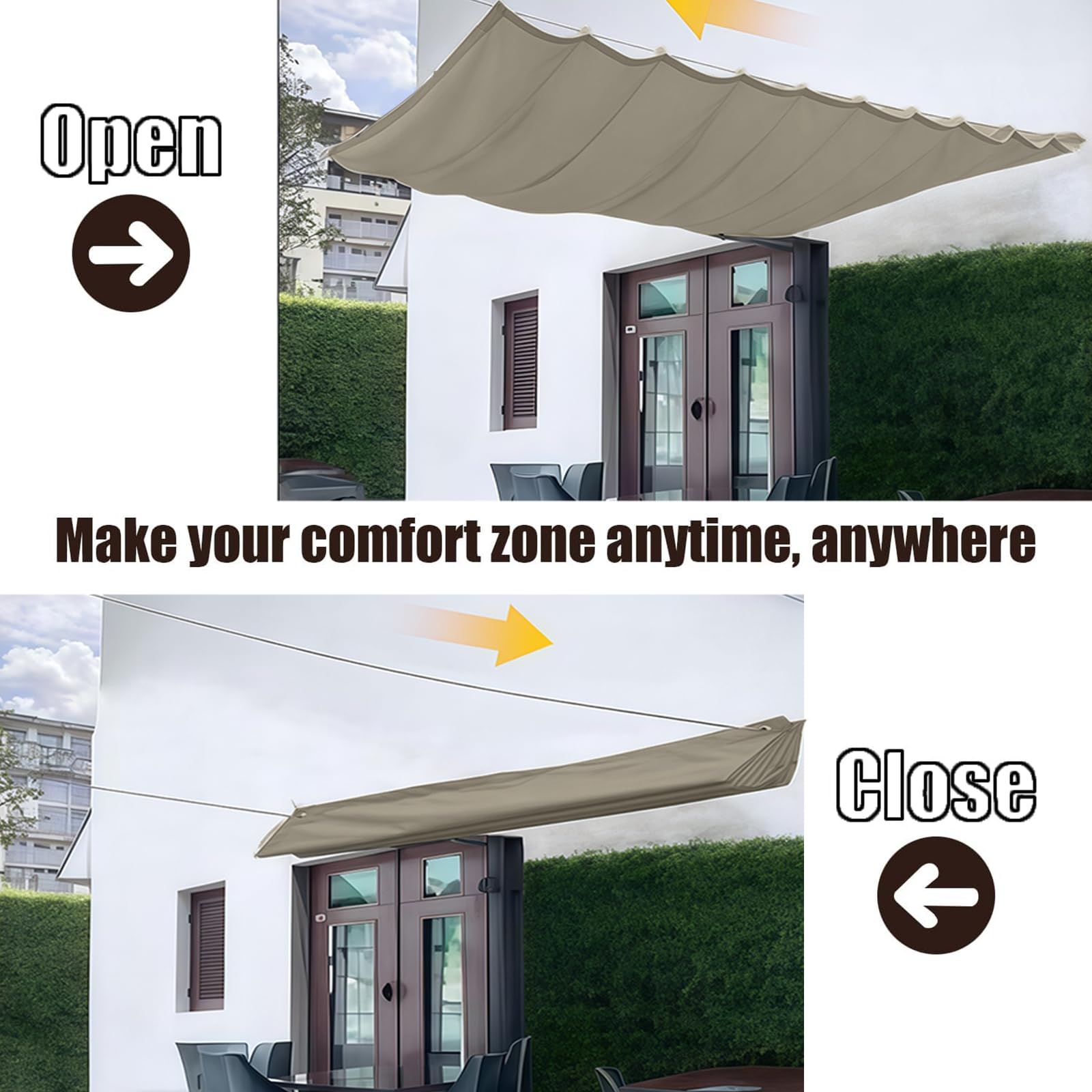 Toldo Retráctil 3 x 12 m Impermeable, 98% Rayos UV Resistente Al Desgarro, Toldo con Protección Solar, Vela Parasol, con Ojales y Cuerdas para Jardín, Pergola, Caqui