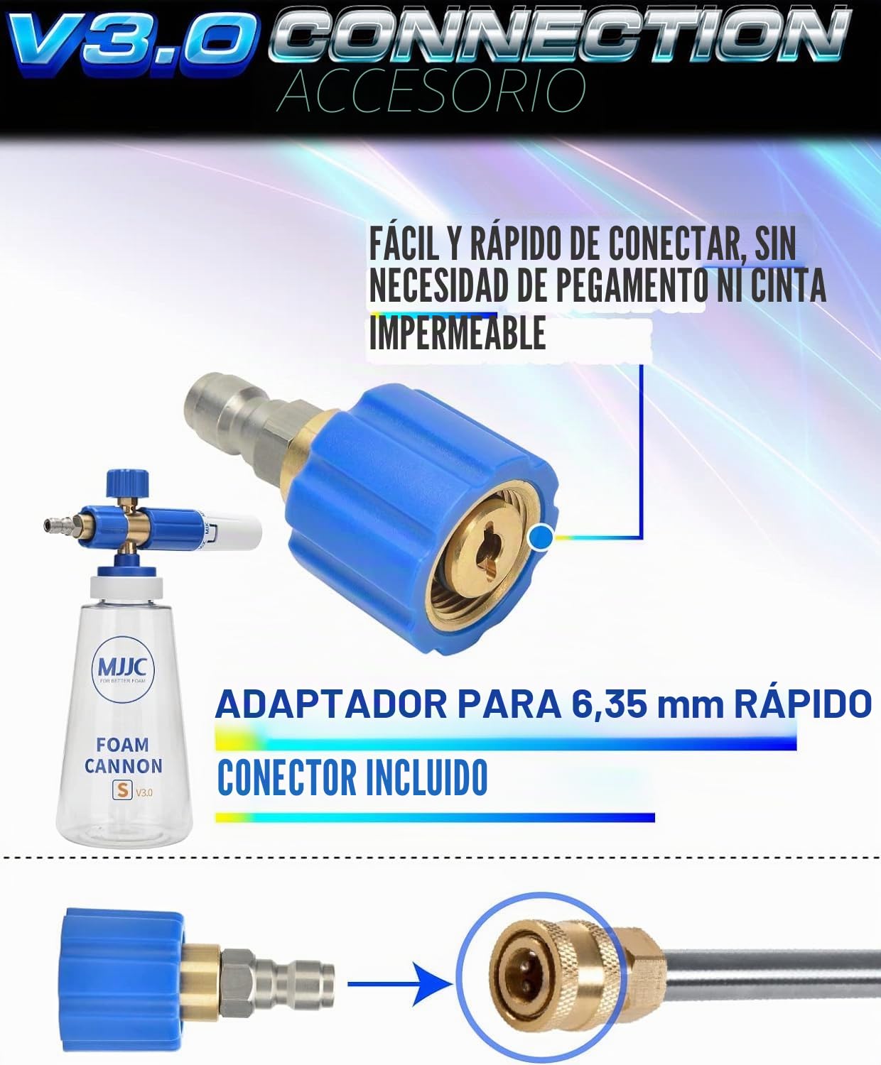 MJJC Foam Cannon S V3.0 (tecnología de espuma de nieve más gruesa) con conector rápido de 1/4 pulgadas para lavadora a presión, botella de 34 onzas (V3.0 (conector rápido de 1/4 pulgadas) + muestra de