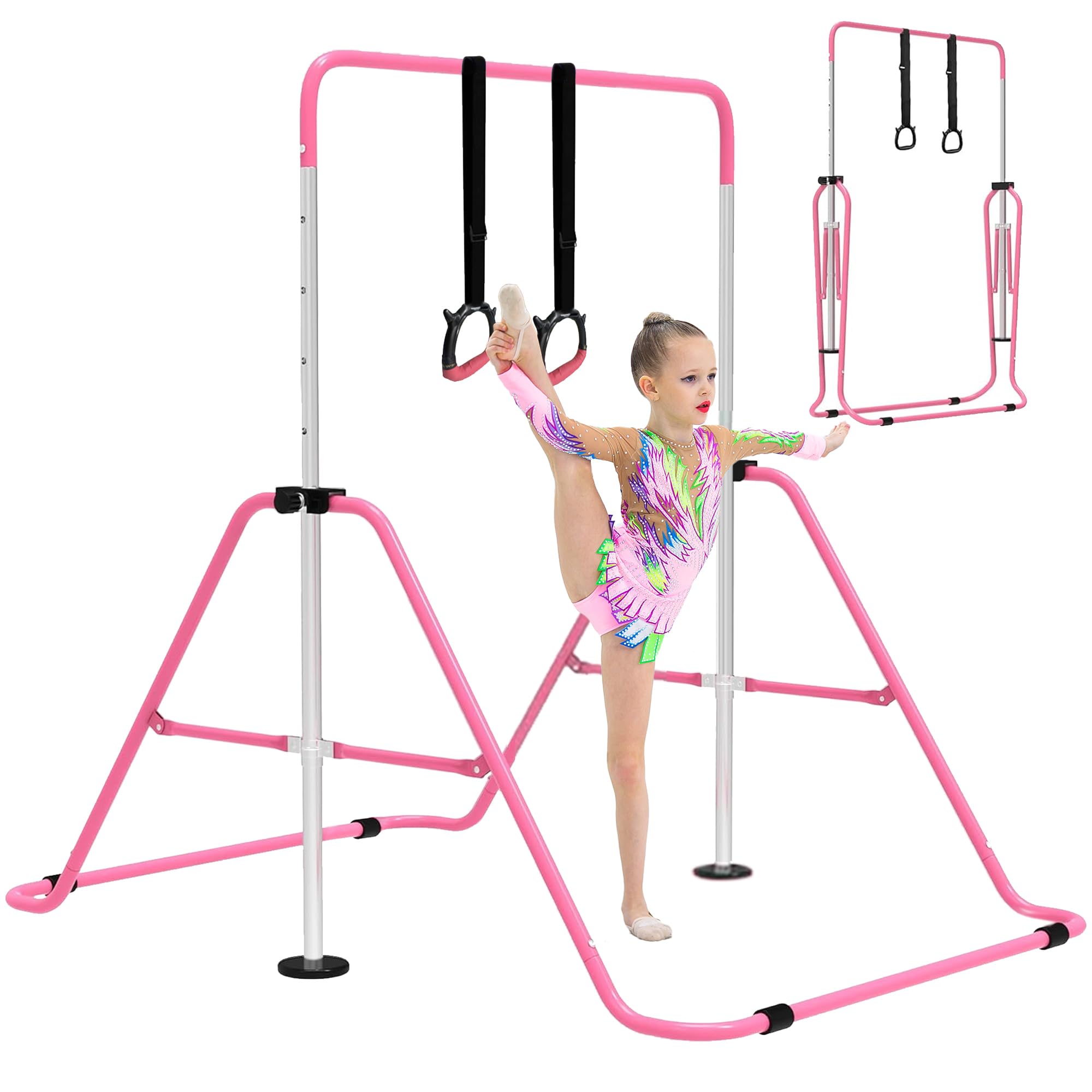 EVERYMILE Gymnastics Bars, Adjustable Height Folding Horizontal Bar with Gymnastic Rings for Kid,Junior Training Kip Bar Gymnastics Equipment for Home