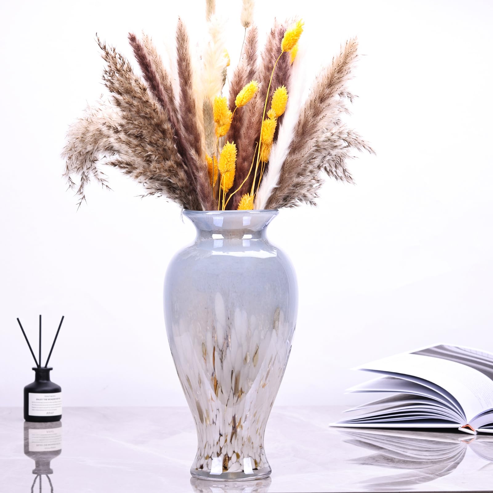 30 cm Vaso in Vetro Soffiato Blu Chiaro e Bianco, Vaso Colorato a Bocca Larga, Vaso Artistico per Casa, Soggiorno, Tavolo, Erba della Pampas (Blu E Bianco)
