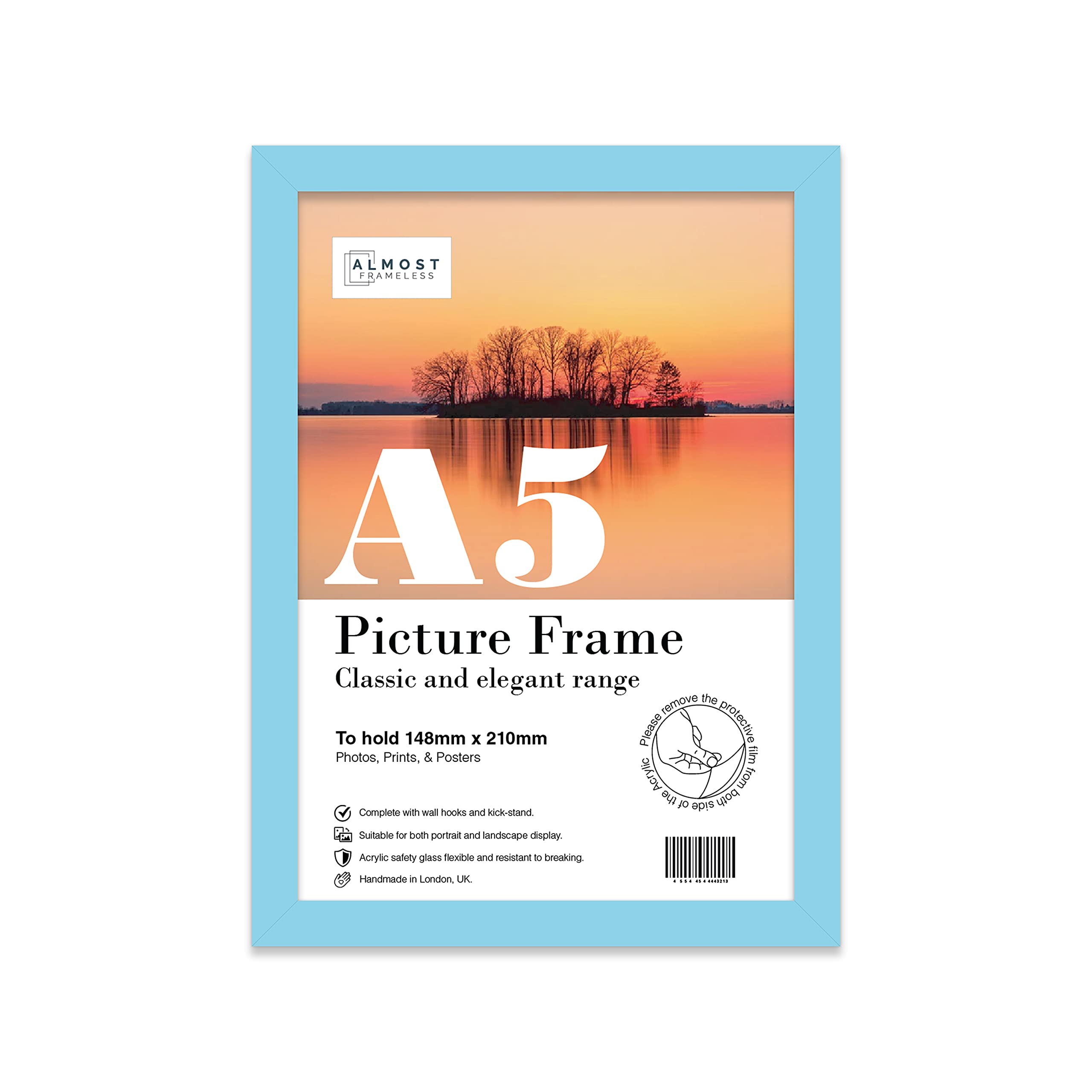 A5 Light Blue Picture Frame, Fits A5 (14.8 x 21cm - 5.8 x 8.3in) Poster, Photo, or Print. Portrait and Horizontal Wall Hooks/Kickstand Wall Art Display