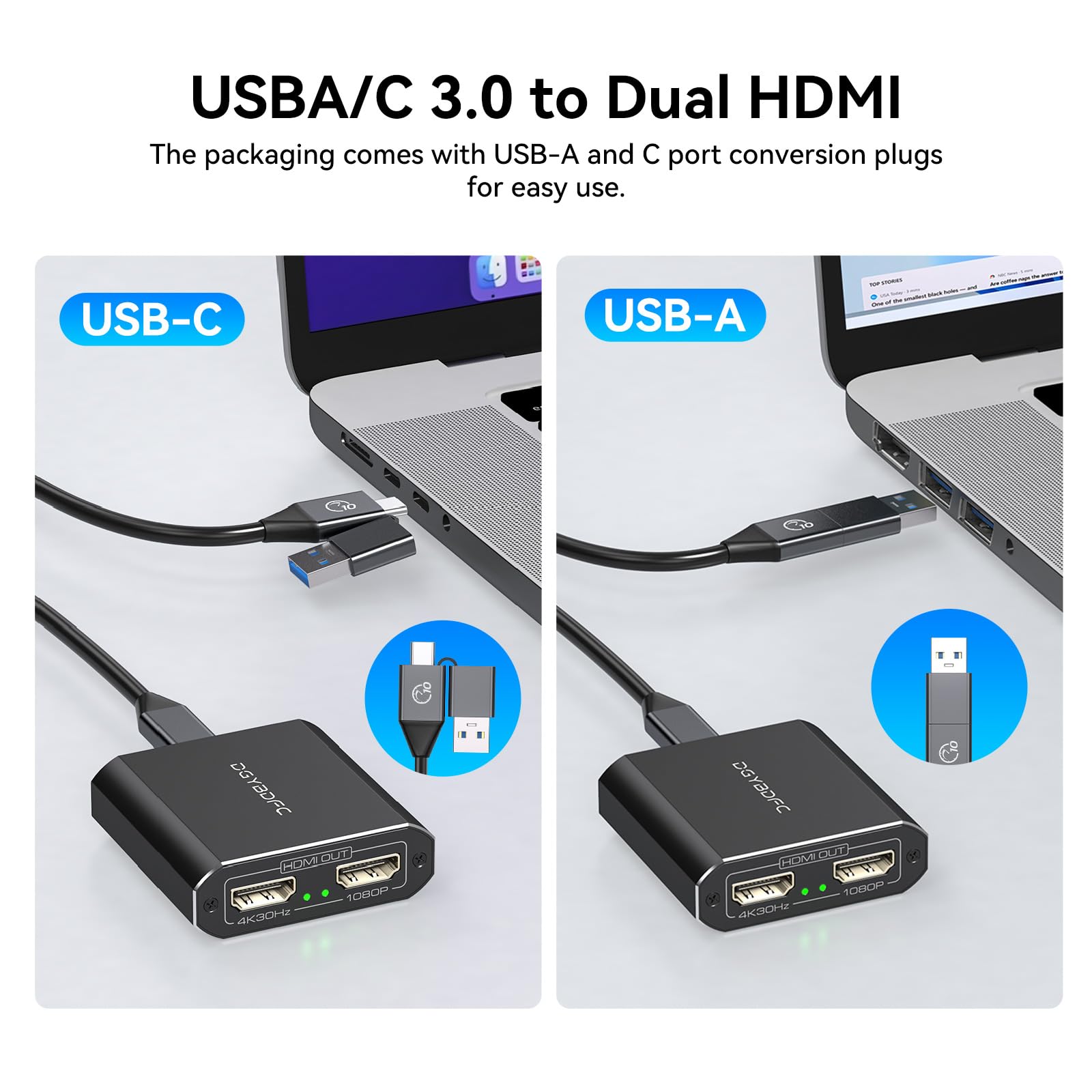Adaptador USB 3.0 a HDMI 1 Entrada 2 Salidas Pantalla Extendida Monitores Duales USBA/USBC a 2 HDMI Splitter 4K 30Hz+1080p 60Hz Para Portátil MacOS Soporta Modo MST/SST con Cable USBA/C a USBC