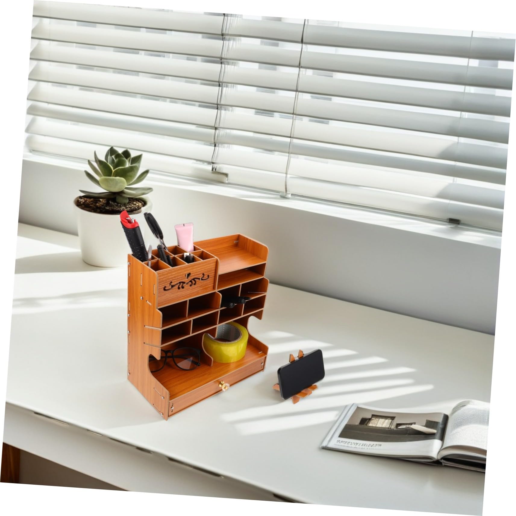 Organizer Penne in Legno con Base Stabile Grande Capacità e Scomparti Multipli per Cancelleria Porta Penne da Scrivania Elegante e Funzionale per Ufficio