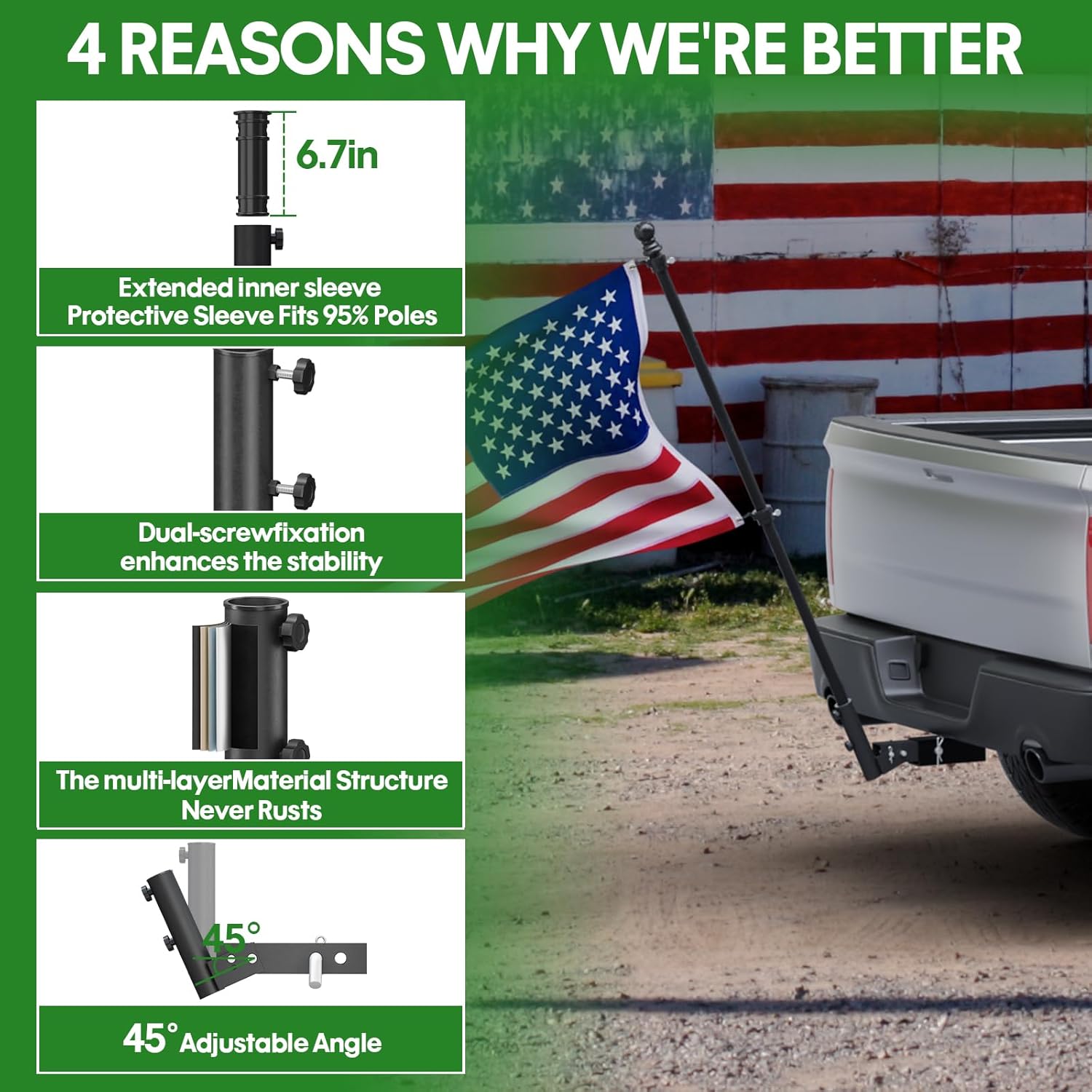 Trailer Hitch Flag Pole Holder, Heavy Duty Truck FlagPole Mount Kit for 2" Receiver, Adjustable Car Flag Holder for Jeep