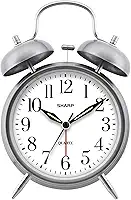 Sharp Despertador Twin Bell - Alarme alto - Ótimo para pessoas com sono pesado - Relógio analógico de quartzo operado por bateria (prata escovada)