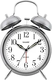 Sharp Despertador Twin Bell - Alarme alto - Ótimo para pessoas com sono pesado - Relógio analógico de quartzo operado por bateria (prata escovada)