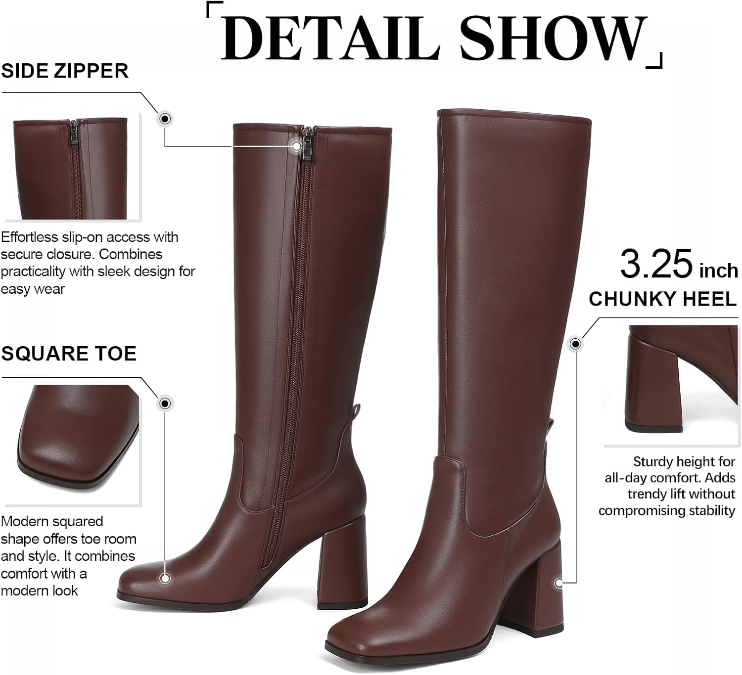 Knee High Boots for Women Square Toe Chunky Block Heel Long Boots Side Zipper Tall Boots Comfortable High Heel Boot