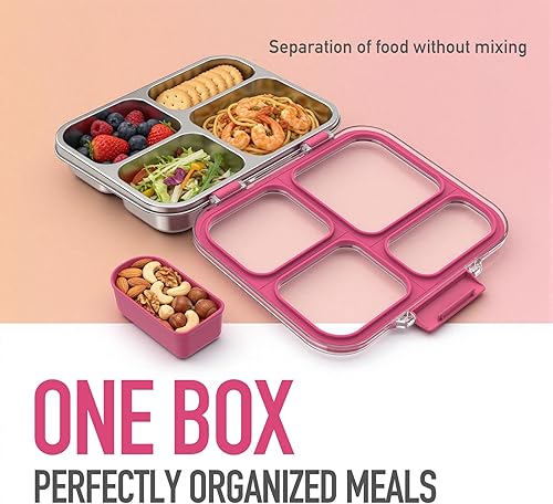 Miniatura 3 de Caja Bento de acero inoxidable de 4 compartimentos con recipiente de silicona para adultos, lonchera de metal para niños, sello de silicona