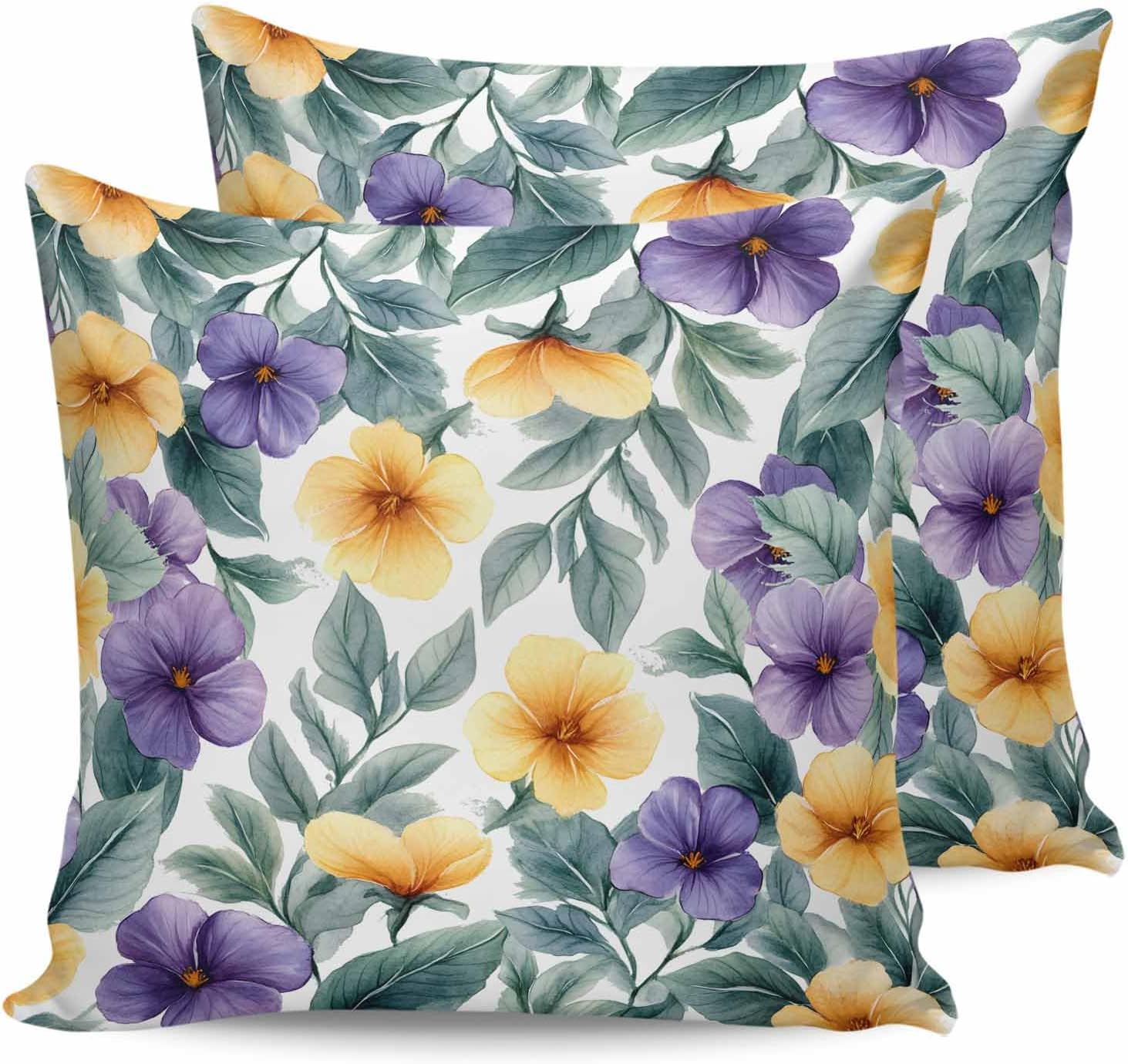 Purple Yellow Flower Spring Plant Outdoor Pillow Covers 20x20in Pack of 2 Waterproof Pillowcase Farm Green Leaf Retro Decorative Throw Cushion Case for Patio Couch Sofa