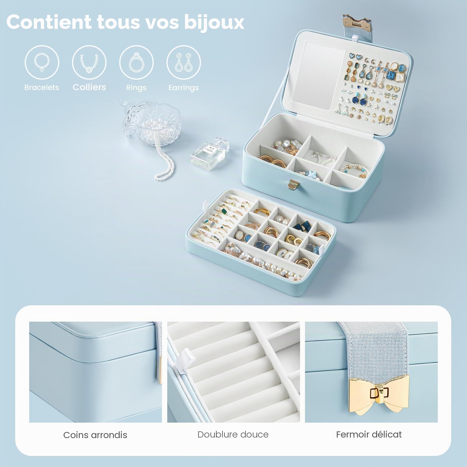 Lolalet Boîte Bijoux Fille, Rangement Bijoux PU Cuir à 4 Couches avec Miroir, Range Bijoux pour Colliers, Boucles d'oreilles, Bracelets -Bleu