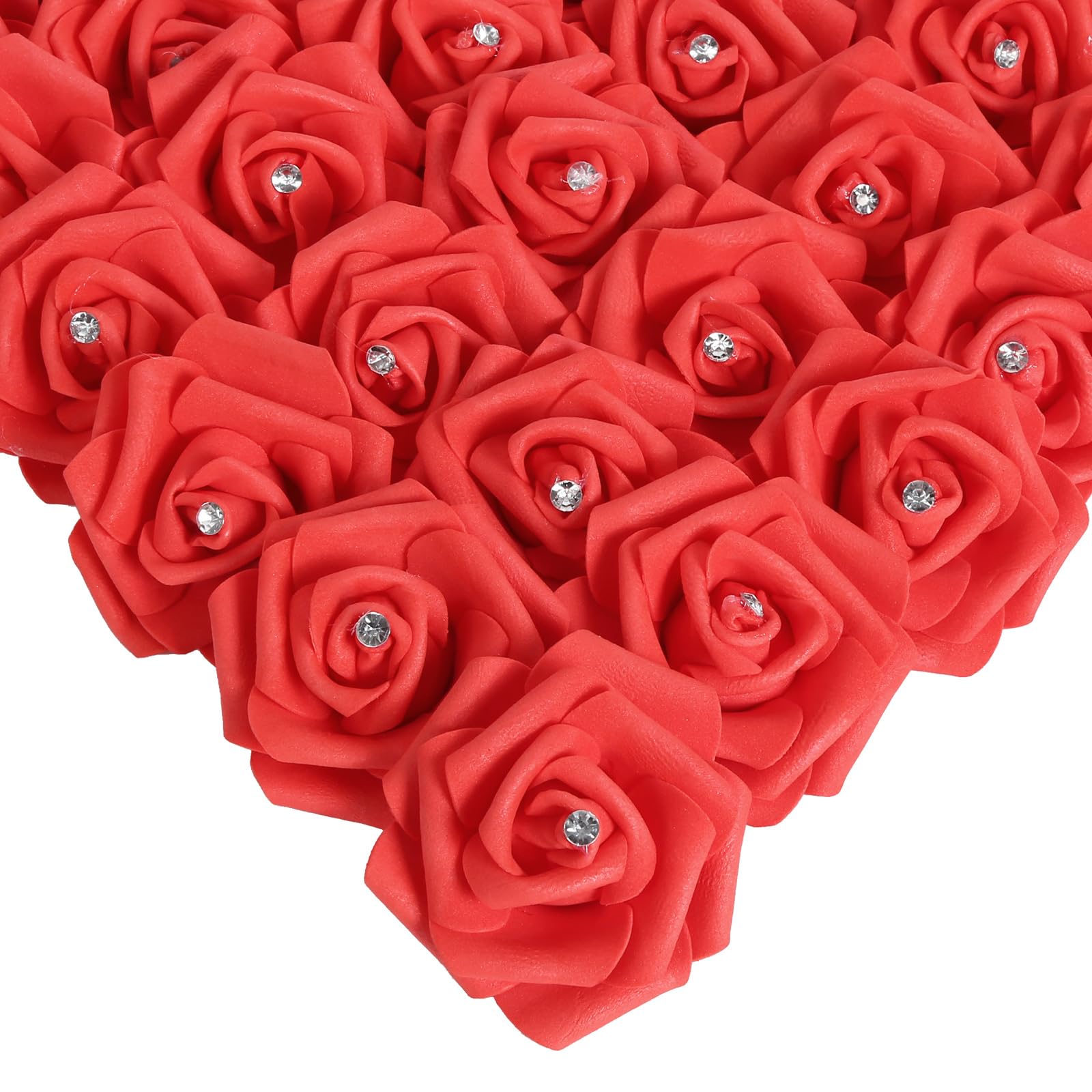 Photo 1 of IPOPU 100pcs Red Foam Rose Artificial Flower Bulk with Crystal 3in Real Looking Stemless Fake Roses for DIY Craft Wedding Bouquets Wall Decoration Bridal Shower Arrangement Home Decorations(Red)