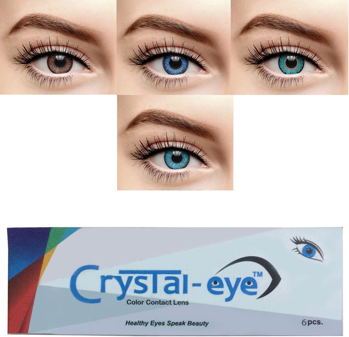 Crystal Eye Zero Power Monthly Contact Lens and Multi Plus Solution with Storage Box (Brown, Dark and Sky Blue, Turquoise) - Set Of 4