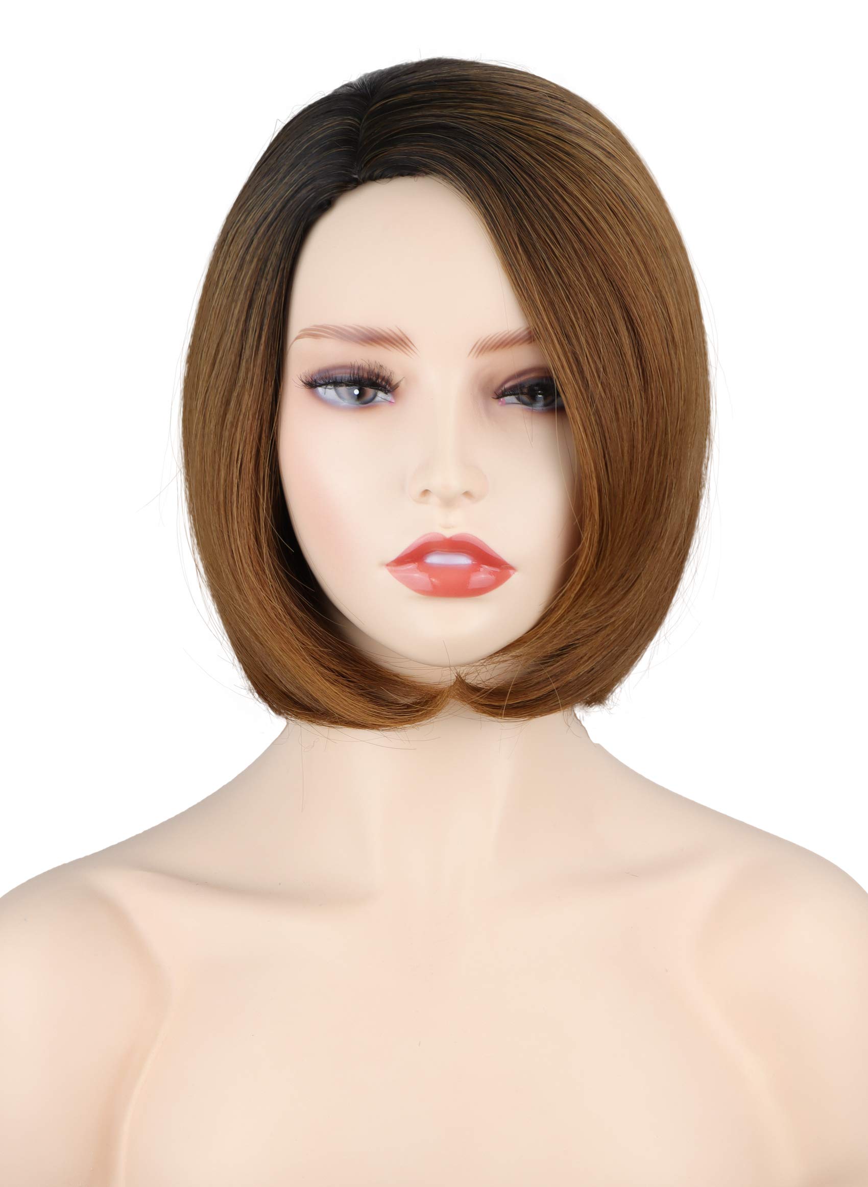 Ombre Brown Bob Wigs With Side Bangs For Black Women Short Brown Side Part Bob Wigs Synthetic Straight Brown Bob Wigs (Ombre Light Brown)