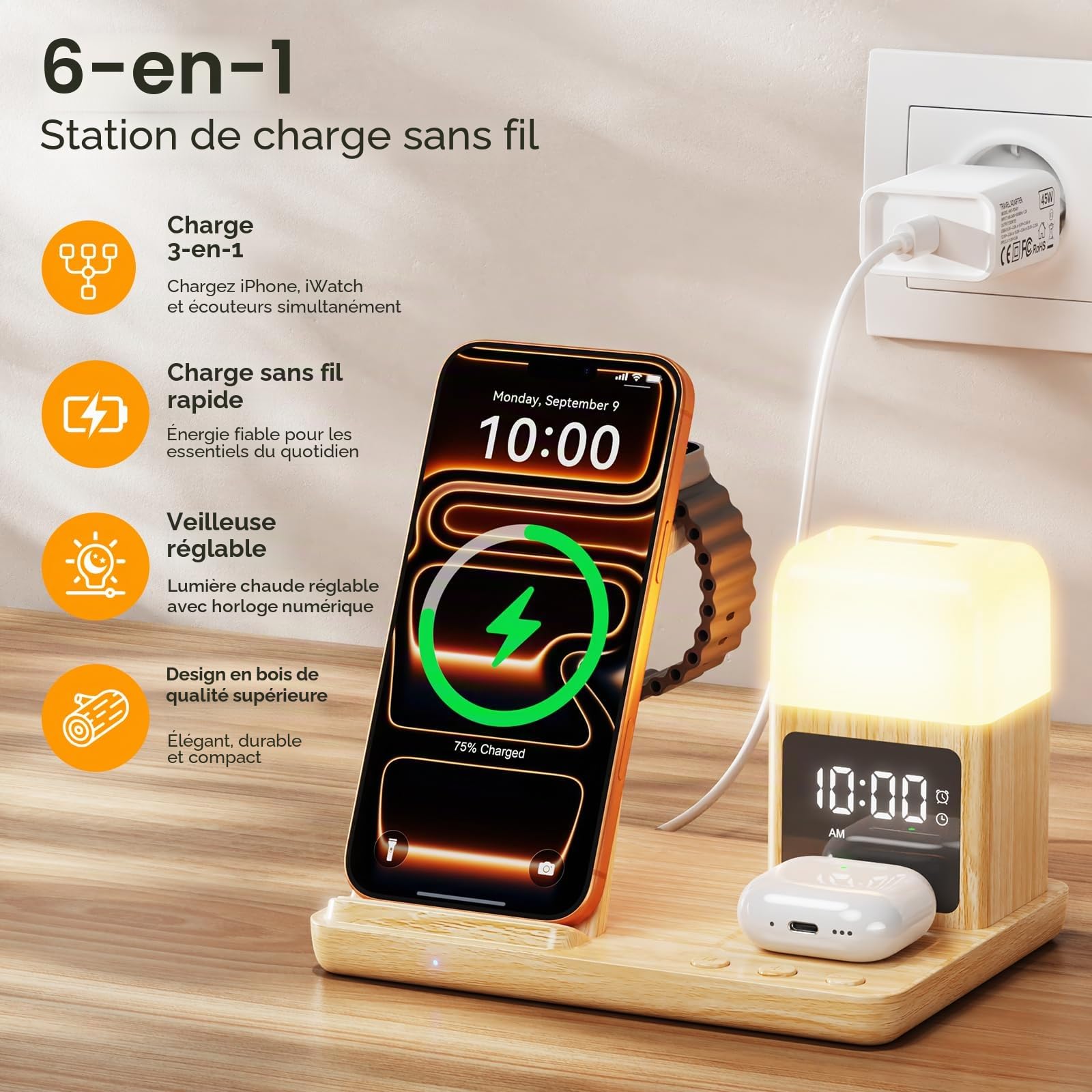 Station de Charge pour Apple, Chargeur sans Fil pour iPhone 17/16/15/14/13/12/11, Chargeur Induction 3 en 1 pour Apple Watch Series & AirPods avec Lampe de Nuit et Réveil Adaptateur Inclus