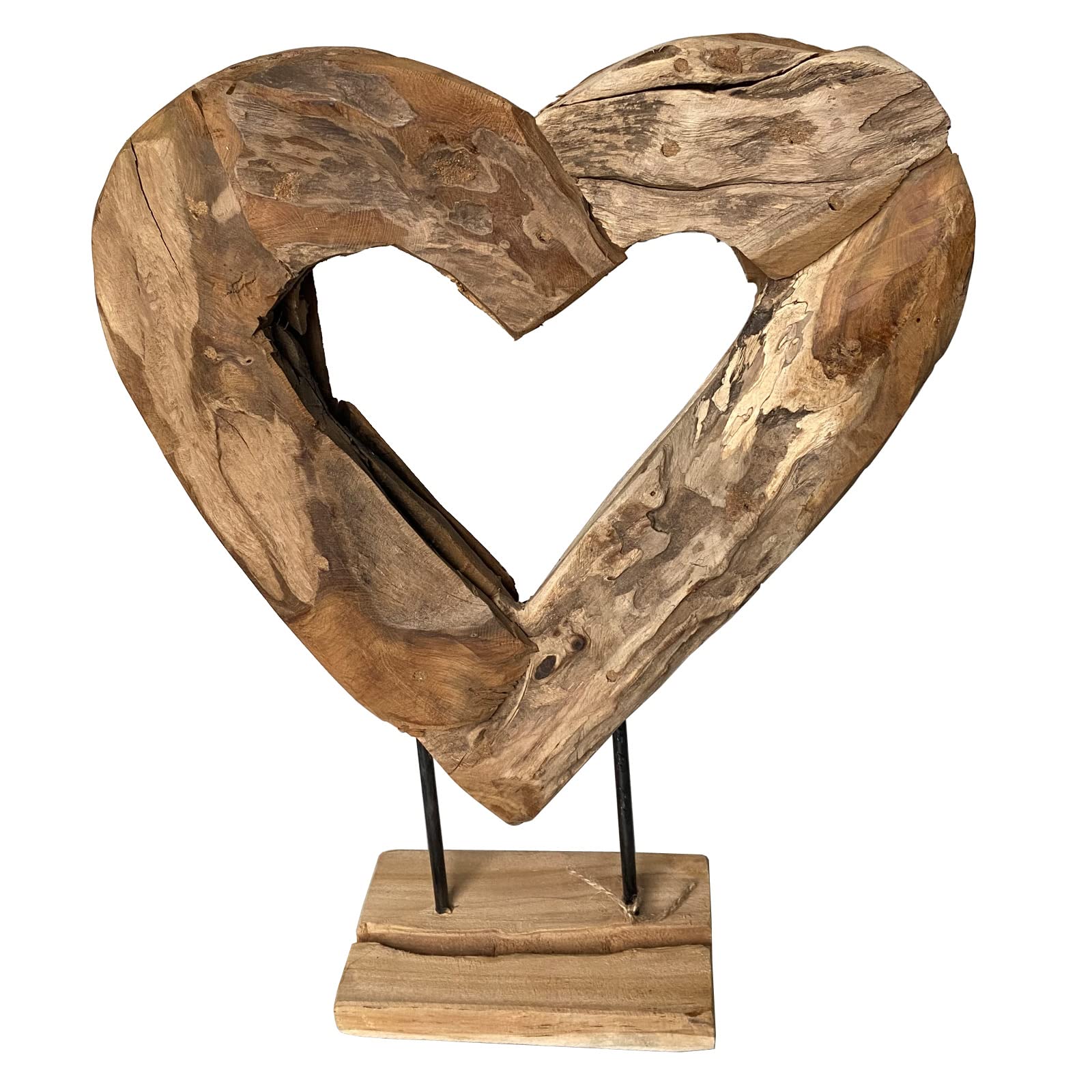 Teakholz Herz Skulptur auf Ständer 47x37 cm Vollholz Dekoherz