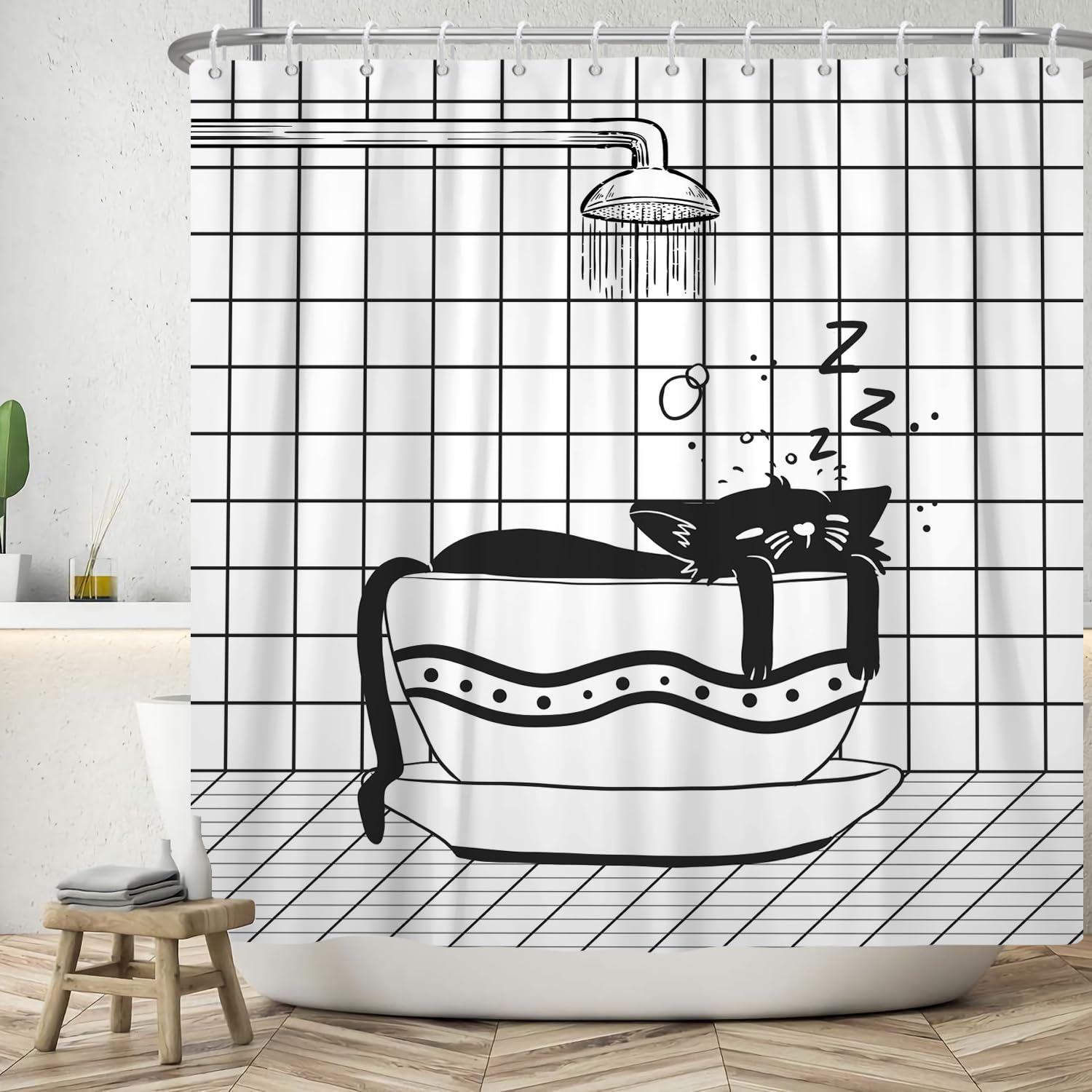 ASDCXZ Funny Shower Curtain 180x240 cm, Modern Black White Bathroom Funny Cat Sleep Washable Bath Shower Curtains Polyester Textile Waterproof Shower Curtain for Bathtub with 12 Hooks โ image 1