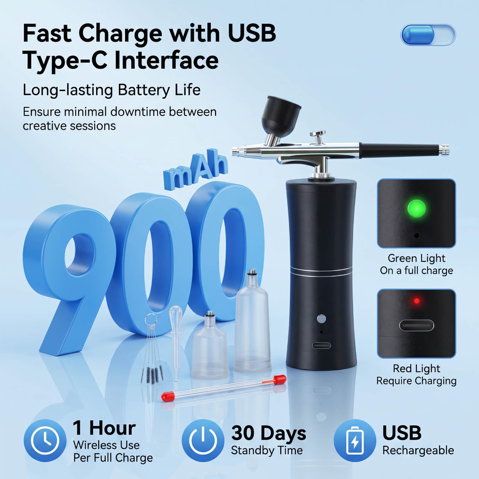 Kit Aerógrafo Inalámbrico, Batería 900mAh, Compresor 3 Niveles 18-25PSI, Boquilla 0.3mm, 3 Depósitos Intercambiables, Fácil de Limpiar, Preciso para Detalles Uñas Maquillaje Modelismo Tartas