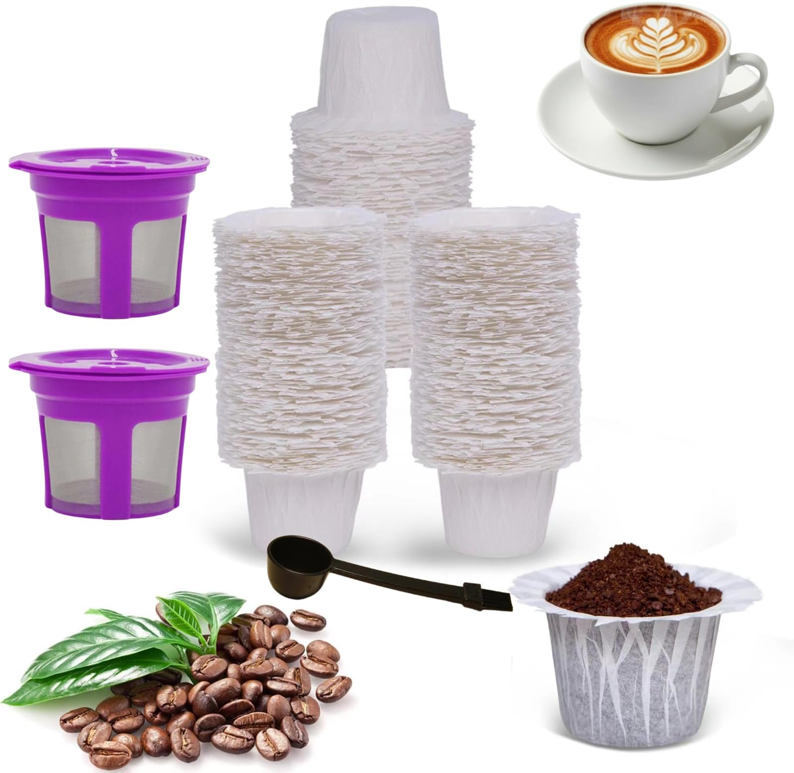 100 Count Disposable Paper Coffee Filters and 2 Pack Reusable K Cups Filters with 1 Coffee Scoop, K-Cup Reusable Coffee Pods Compatible with Single Serve Coffee Maker Keurig 1.0 and 2.0