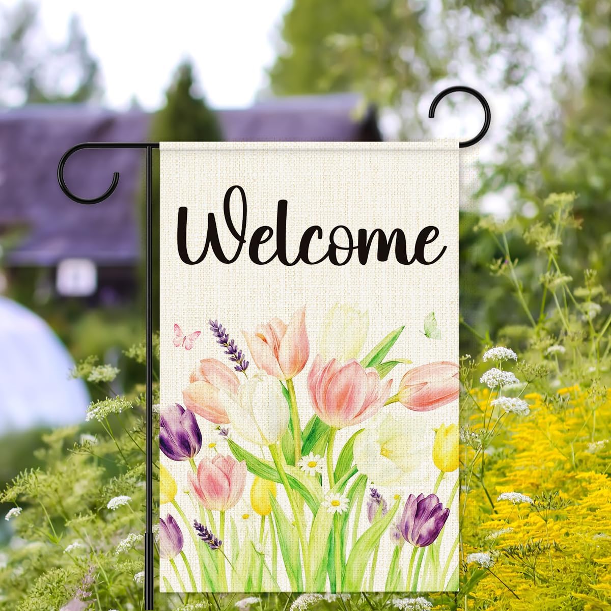 Welcome Spring Garden Flag, Spring Summer Flowers Garden Flag for Outside, Seasonal Colorful Tulip Farmhouse Yard Lawn Porch Flags for Outside Decor 12x18 Inch Double Sided - Image 5