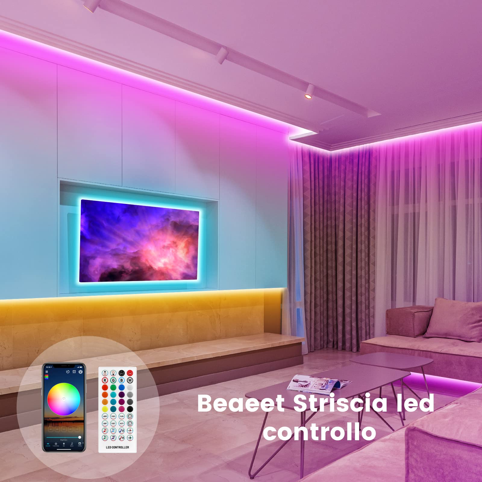 Beaeet Striscia LED 10 Metri, Strisce LED Colorate Dimmerabili con Bluetooth e Sincronizzazione Musicale, Ideali per Interni, Luci LED per Camera da Letto, Decorazioni per Natale e Casa