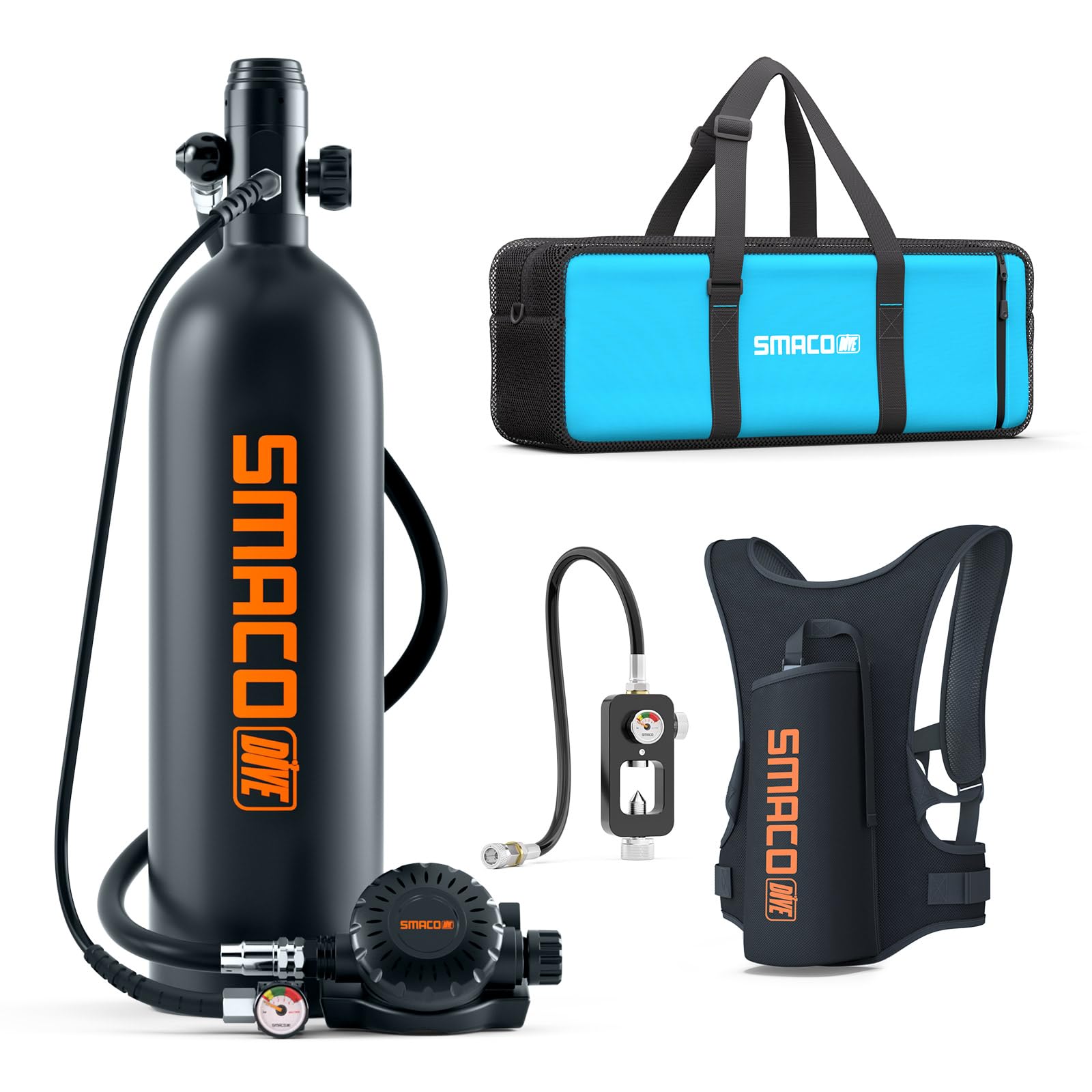 SMACO Mini Scuba Tank 1.9L Capacity Diving Oxygen Tank for Underwater Breathing Reusable Small Scuba Tank Kit with Portable Bag Scuba Cylinder for Underwater Entertainment/Diving Work