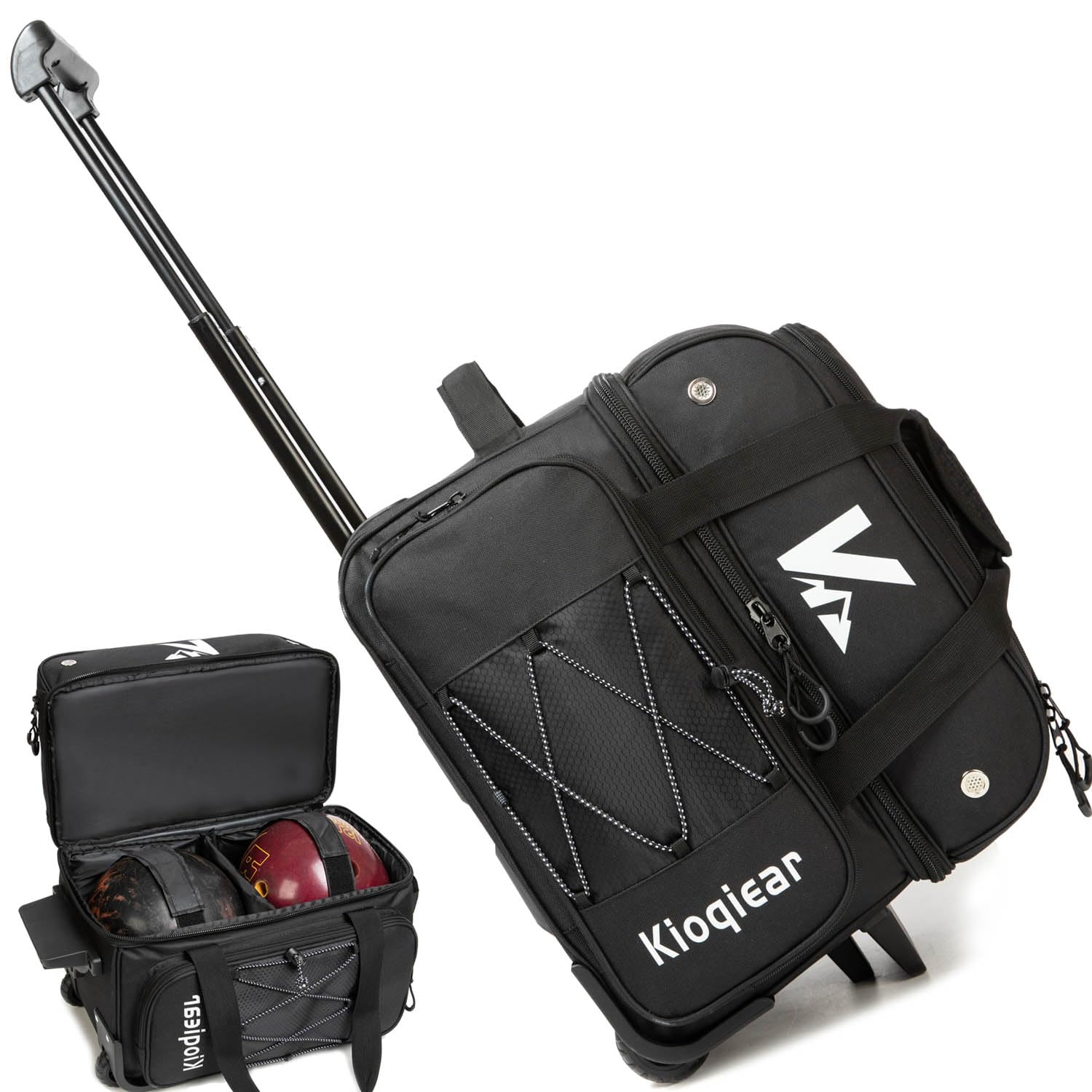Kioqiear 2-Ball Bowling Bag with Wheel,Large Storage Pocket