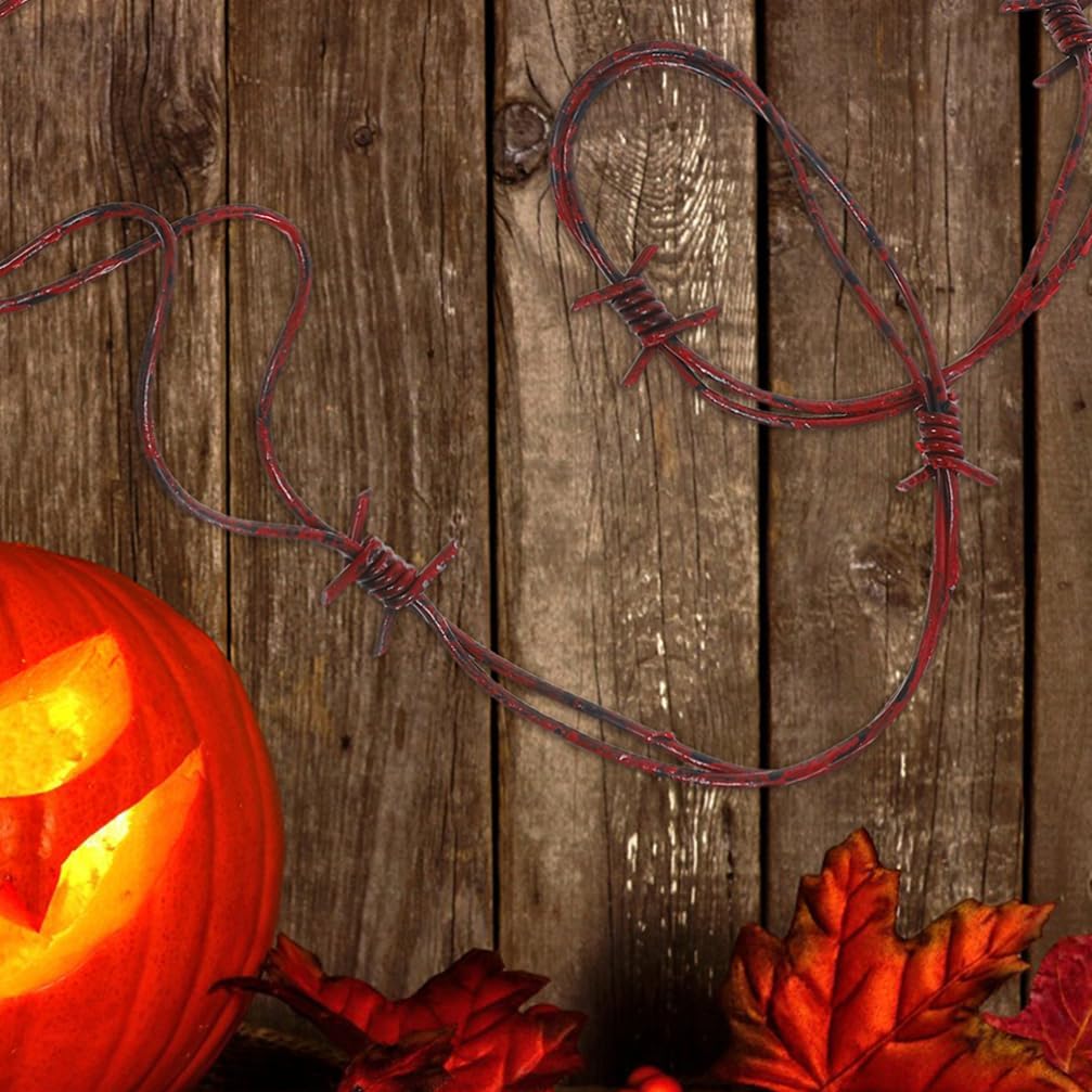 TOYANDONA 3pcs Fake Rusted Barbed Wire Decorations - Plastic Barbed Wire Prop Halloween Decorations for Party Haunted House (Red, Totally 24.6 Foot)