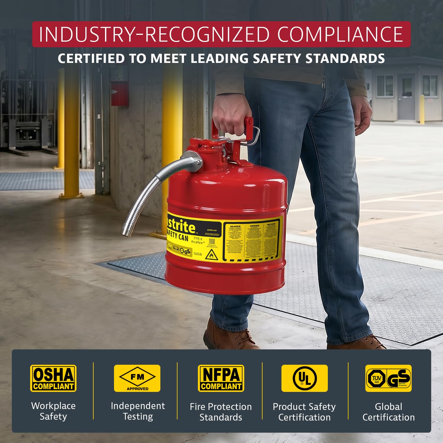 Justrite Type II Gasoline Safety Can, Red Galvanized Steel, FM Approved image 5