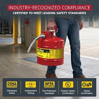 Justrite Type II Gasoline Safety Can, Red Galvanized Steel, FM Approved | Flammable Liquid Storage Can with Controlled Pouring, 5 Gallon Capacity, 1 Metal Hose, Flame Arrester, OSHA, NFPA Compliant