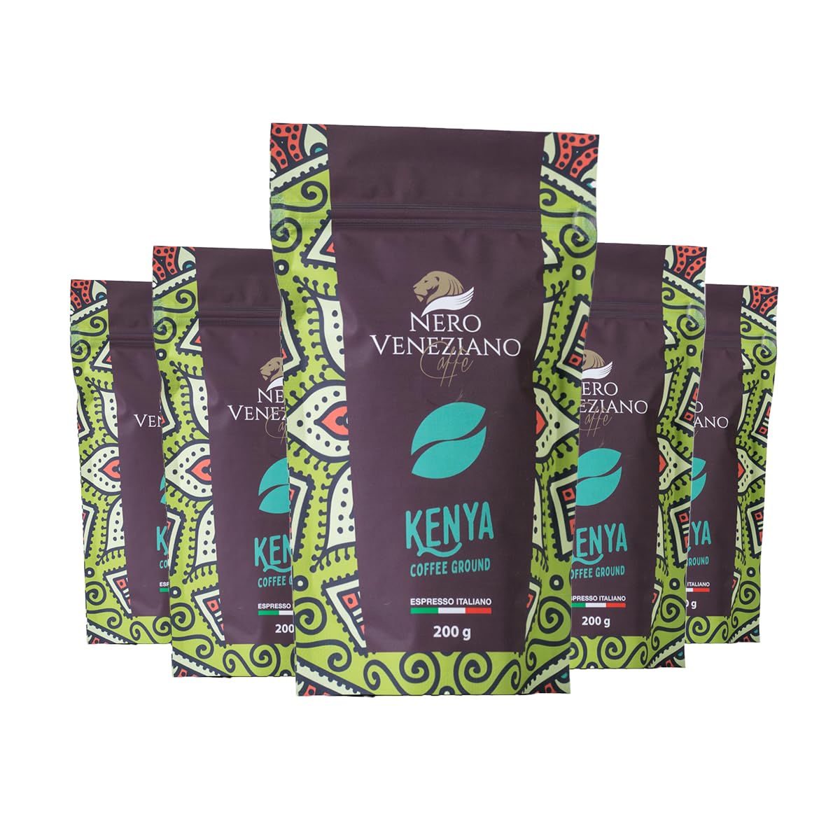 Nero Veneziano Kenya Caffè Macinato 5x200 g, 30% Arabica 70% Canephora, Tostatura Media, Note di Ribes Nero e Spezie, Corpo Robusto, per MOKA