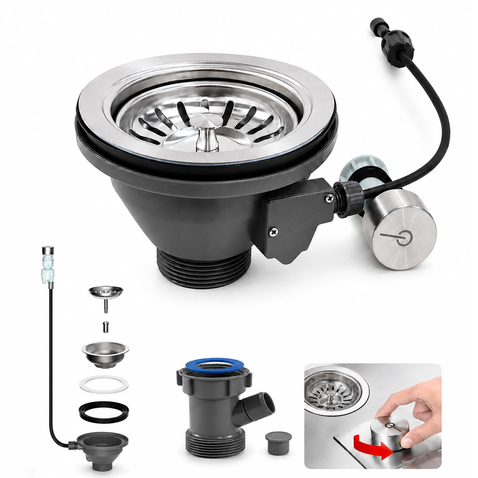 3½" Kit de vidange pour évier de cuisine avec commande à bouton,panier de vidange en acier inoxydable 304,bouchon de filtre,convient aux cuisines et salles de bains