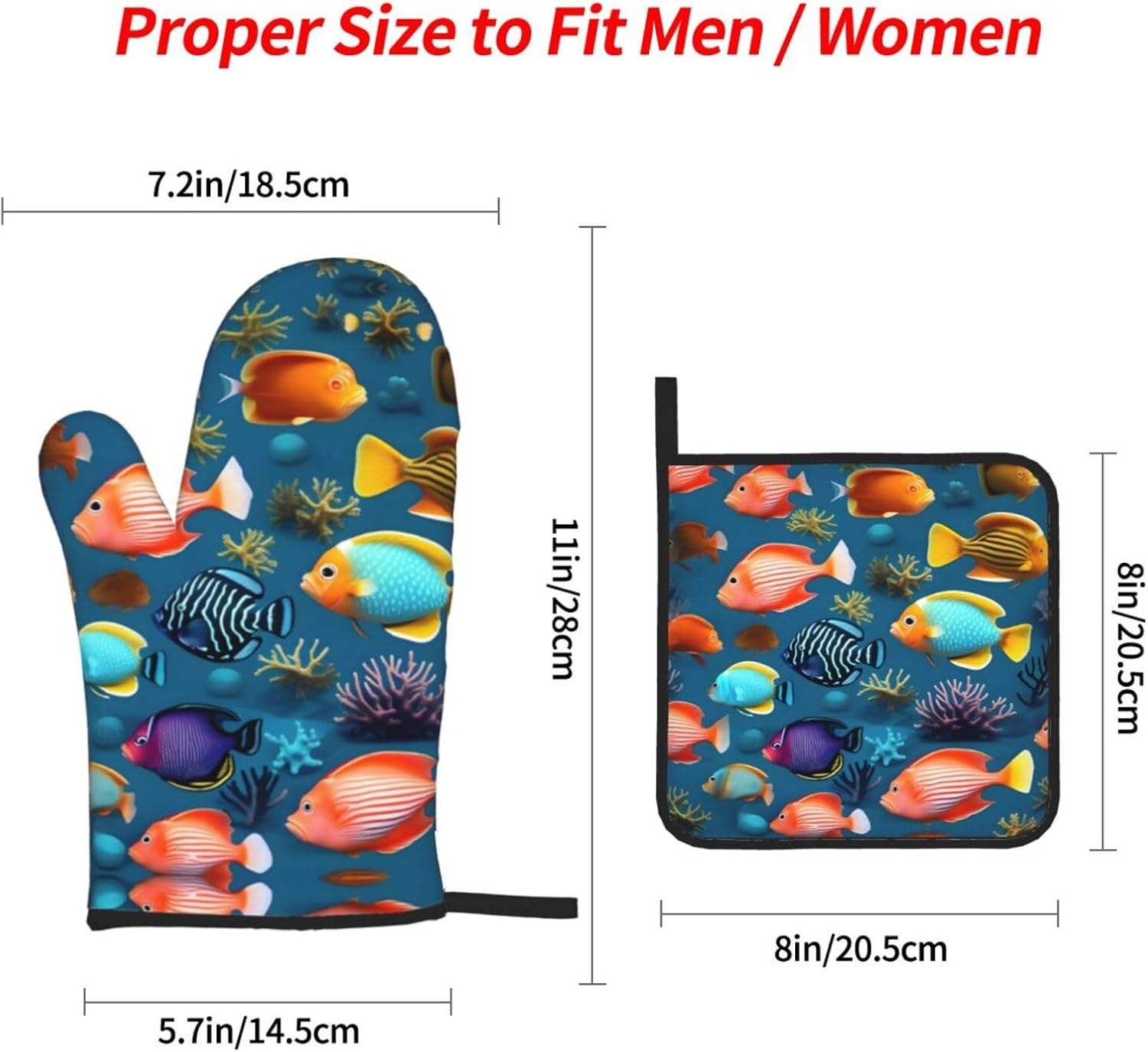 Submarine reef fish Oven gloves and heat-resistant mat 4-piece set. Suitable for grilling, microwave oven frying, and baking