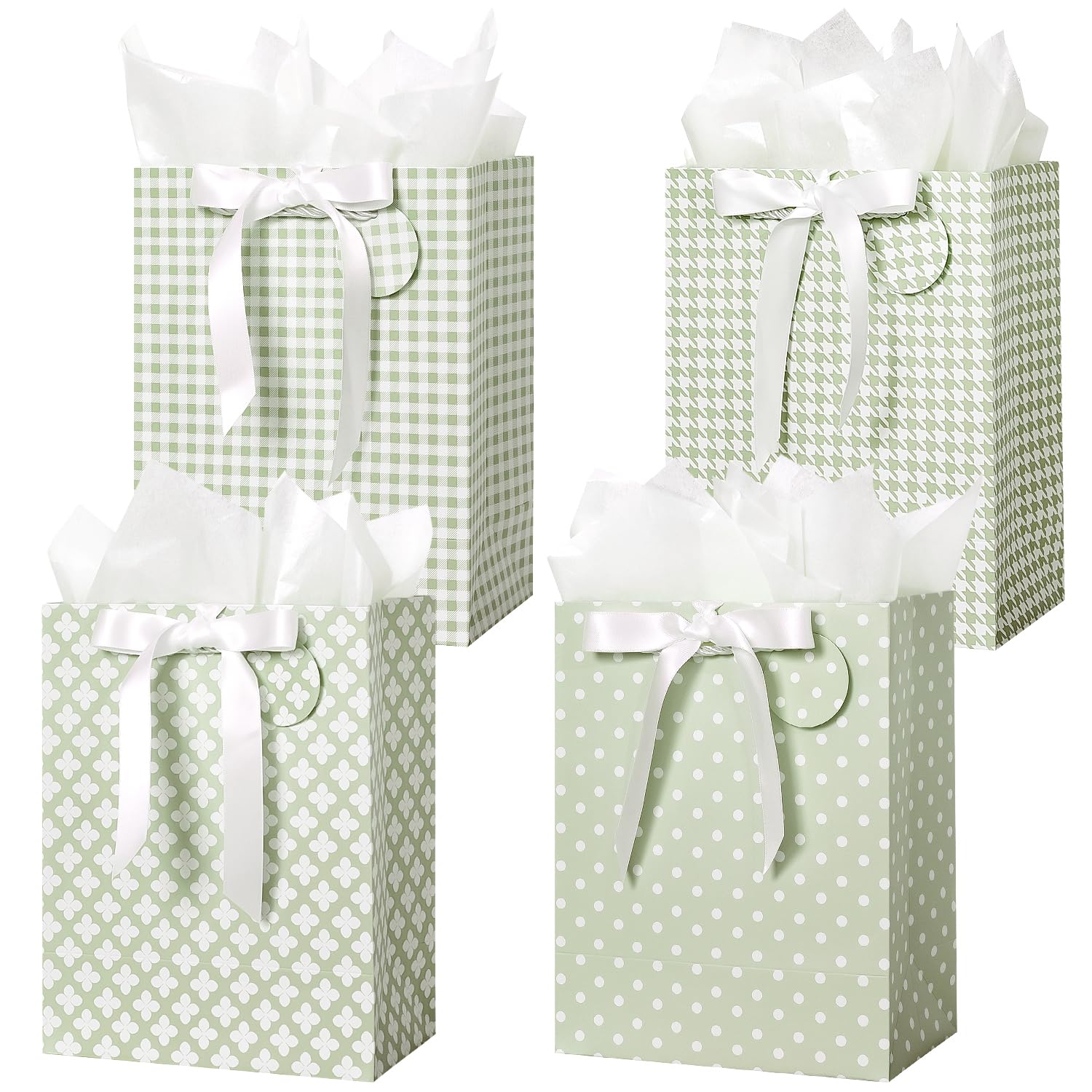 Crisky Sage Green Gift Bags Medium Size with Handles, Tissue Paper & Ribbon - 4 Pack 9"- Medium Gift Bags for Women Birthday Christmas Wedding Bridal Shower Graduation & New Year Gifts