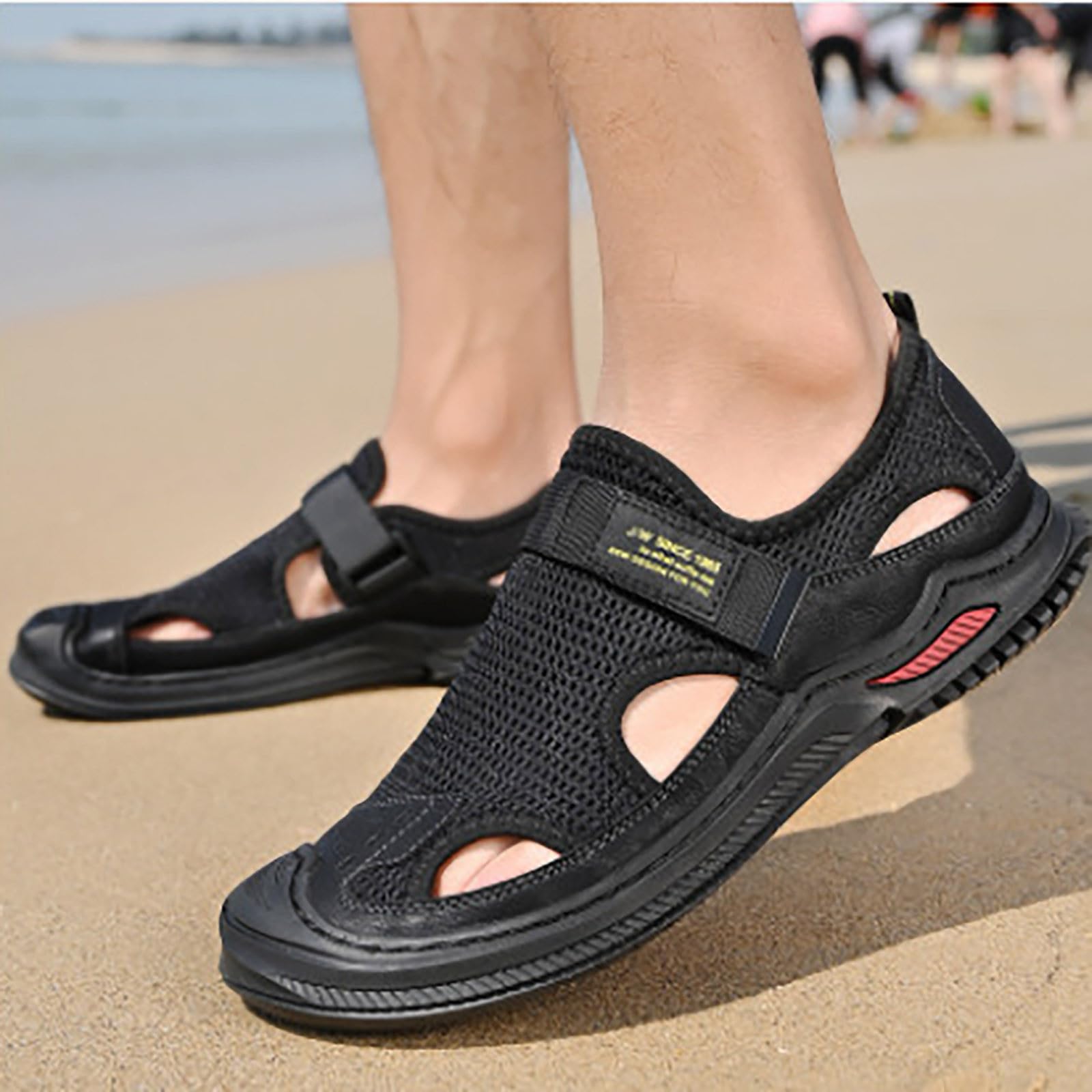 Męskie oddychające siatkowe sandały outdoorowe, lekkie letnie buty do chodzenia, sportowe, na plażę, wędrówki, trekking, sportowe, Czarny, 39.5 EU