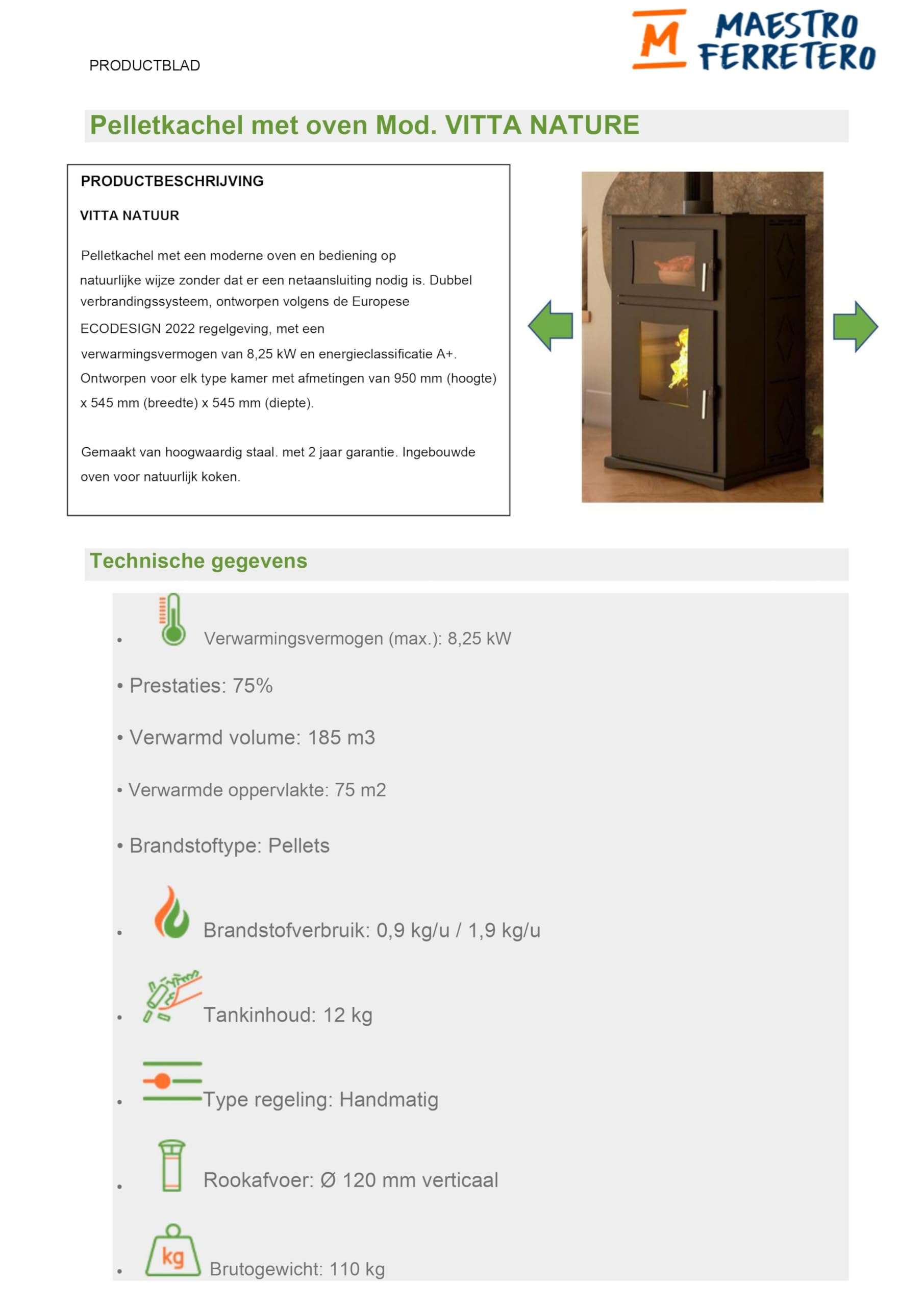 MAESTRO FERRETERO - Estufa de Pellets con Horno Modelo VITTA NATURE 8 kW - Ecodesign 2022 Gris Antracita
