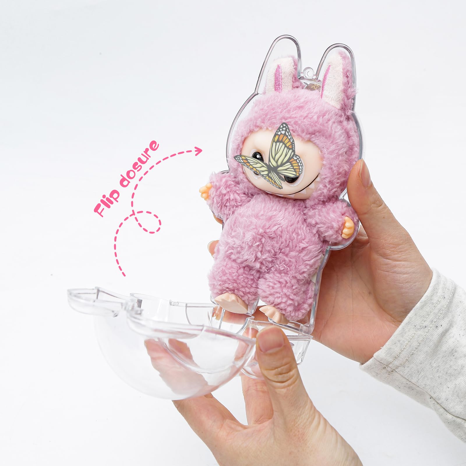 Buwesru 2PCS Intended for Labubu case?Clear Figure Display Bag with Keychain for Doll,Plastic Protective Cover(Doll Excluded, 2PCS Style Standing)