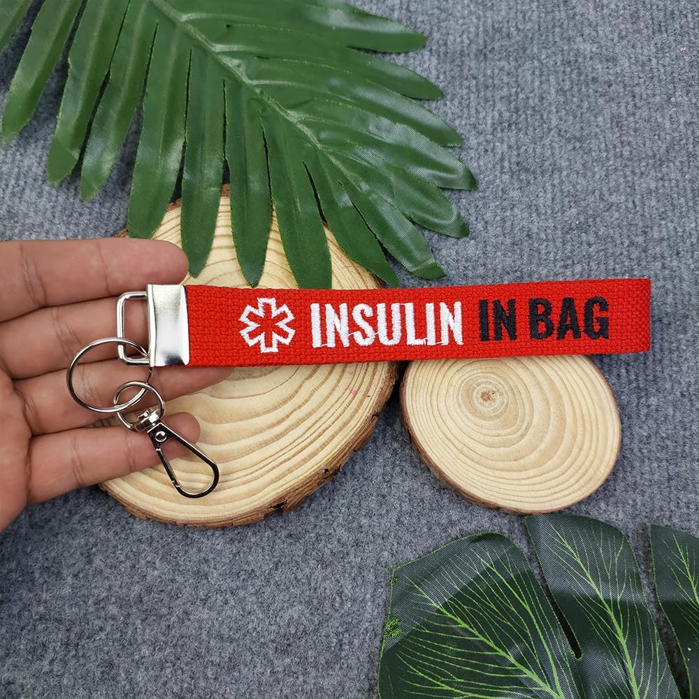 Medical Alert Insulin Emergency Keychain Tag, Red Embroidered Fabric, Backpack Bag Identifier with Carabiner Clip