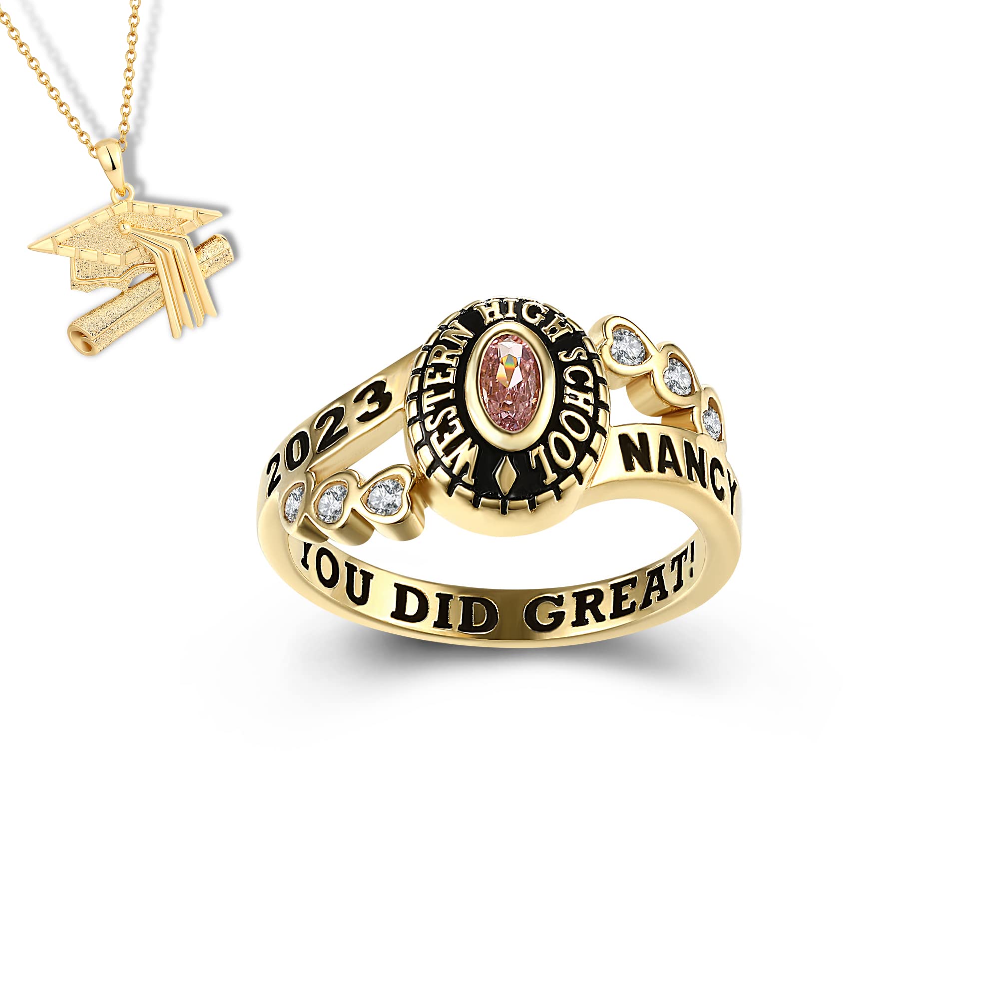 PJM Customized Sterling Silver or 10kt Ladies High School and College Class Ring – Sweetheart Collection – Fully Personalized - Mementos Jewelry