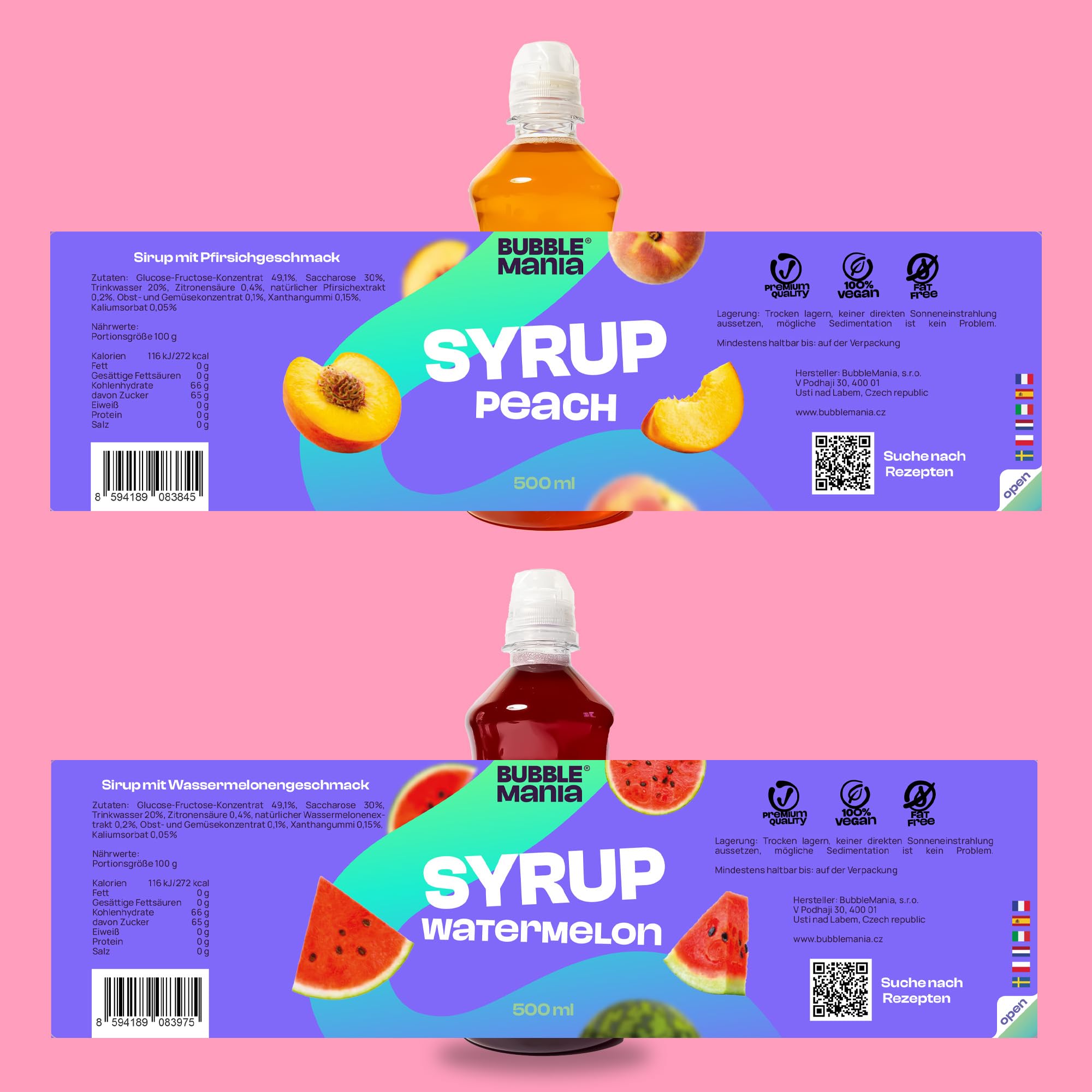BubbleMania Bubble Mania Frucht Bubble Tea Sirup für Bubble Tea MIX – Erdbeere, Grüner Apfel, Pfirsich, Wassermelone | Getränke Sirup für Cocktails, Bubble Tea, Eis & Kuchen | 4 x 500 ml