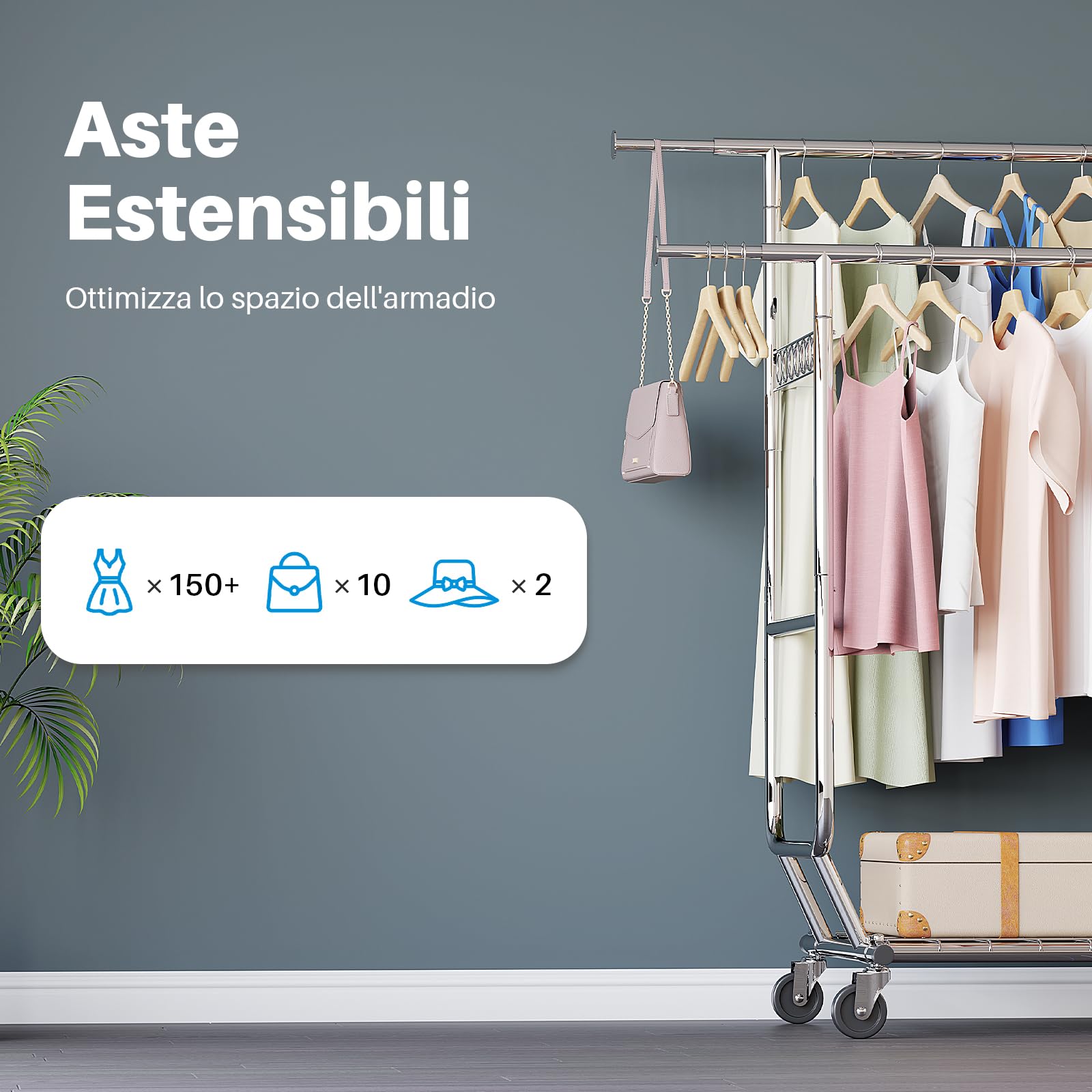 HOKEEPER Appendiabiti da Terra Resistente a Doppia Barra con Ruote, 295kg, con Ripiano Inferiore, Estensibile - Ideale per Camera da Letto, Boutique, Lavanderia, Argento