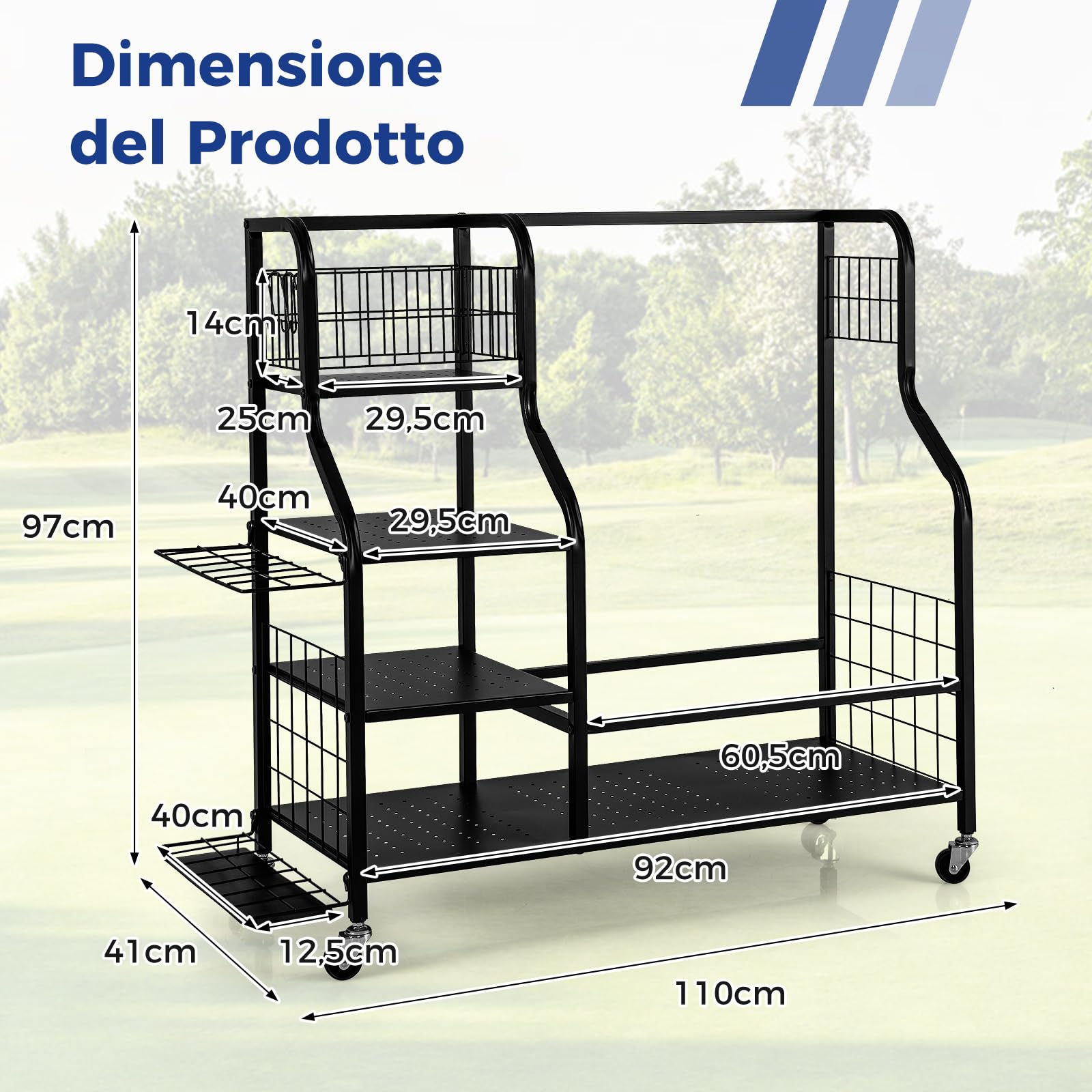 COSTWAY Organizer per Sacca da Golf, Supporto per 2 Borse da Golf con Extra Scaffale di Stoccaggio per Mazze da Golf, 6 Ganci Rimovibili e 4 Ruote per Garage e Club