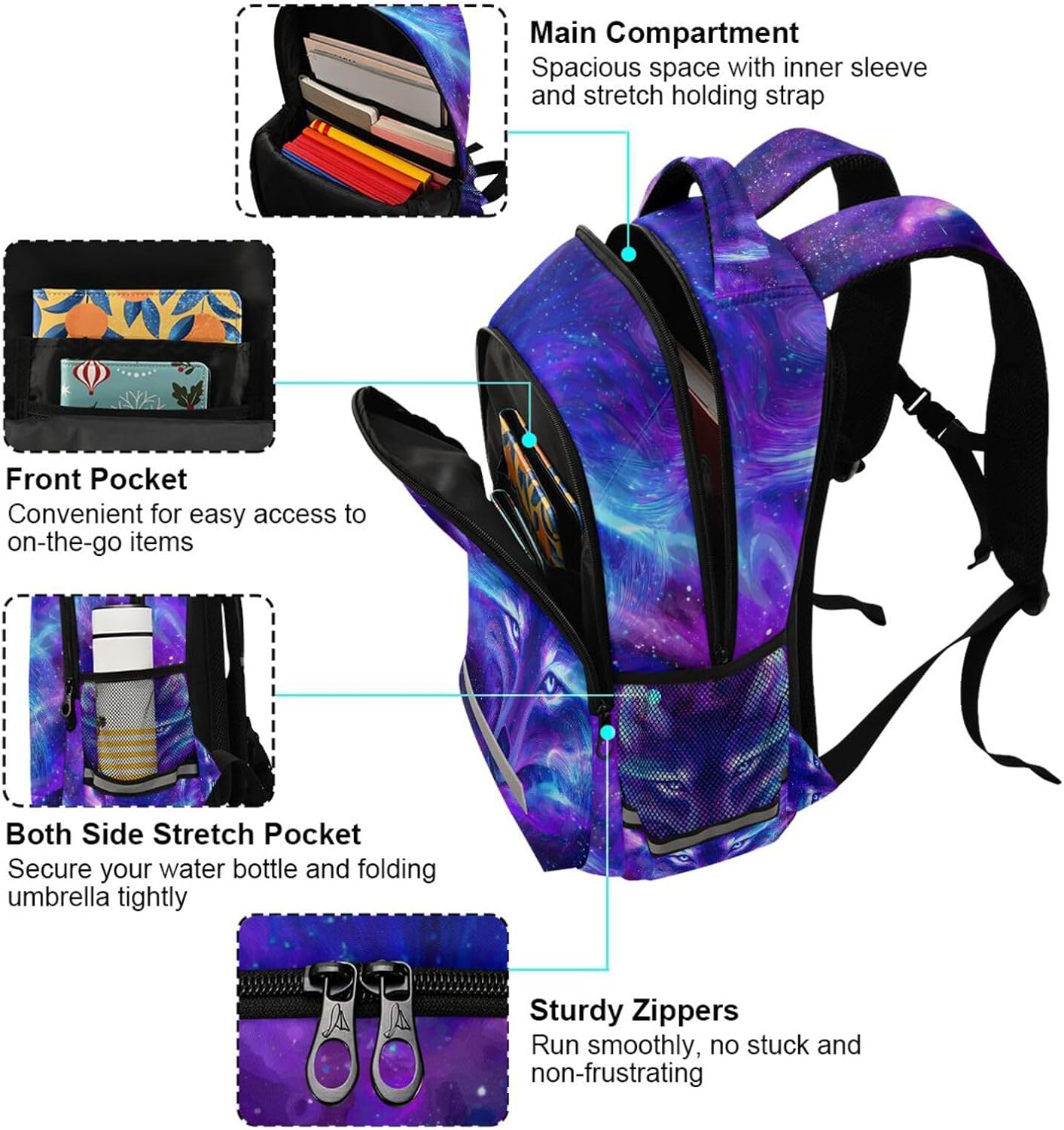 Wolf Galaxy Backpacks for Girls Boys Kids Wolves School Book Bags 3rd 4th 5th Grade Animal Laptop Casual Daypack Travel Shoulder Bag with Chest Strap