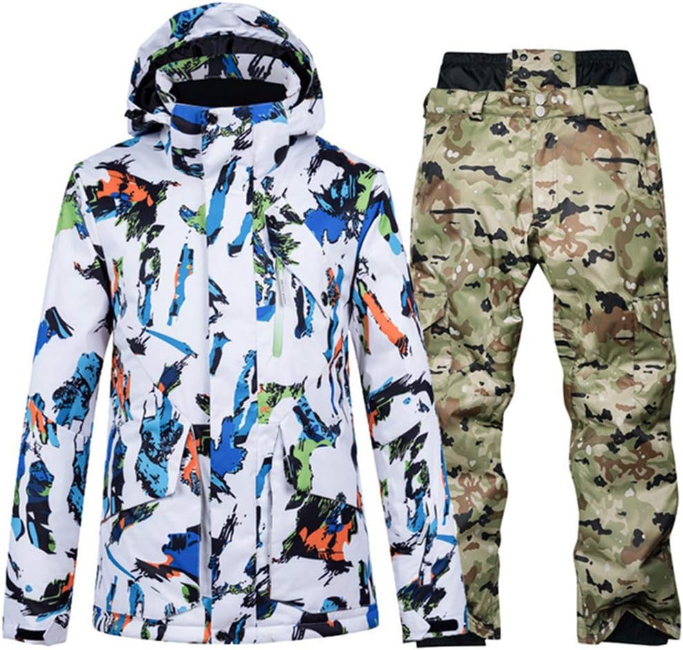 Men's Waterproof Ski Suit Winter Warm Windproof Hooded Jacket and Pants Snowsuit Set